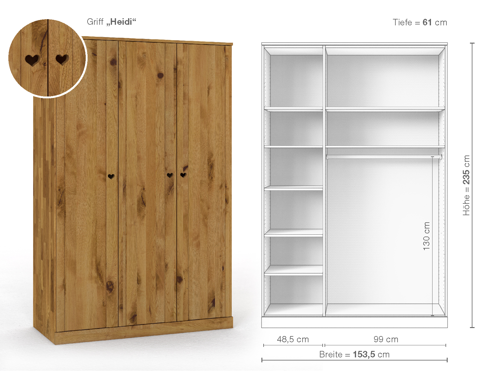 Wildeichenschrank „Arnika“, 3-türig, Höhe 235 cm, Griffausführung „Heidi“, Inneneinrichtung B