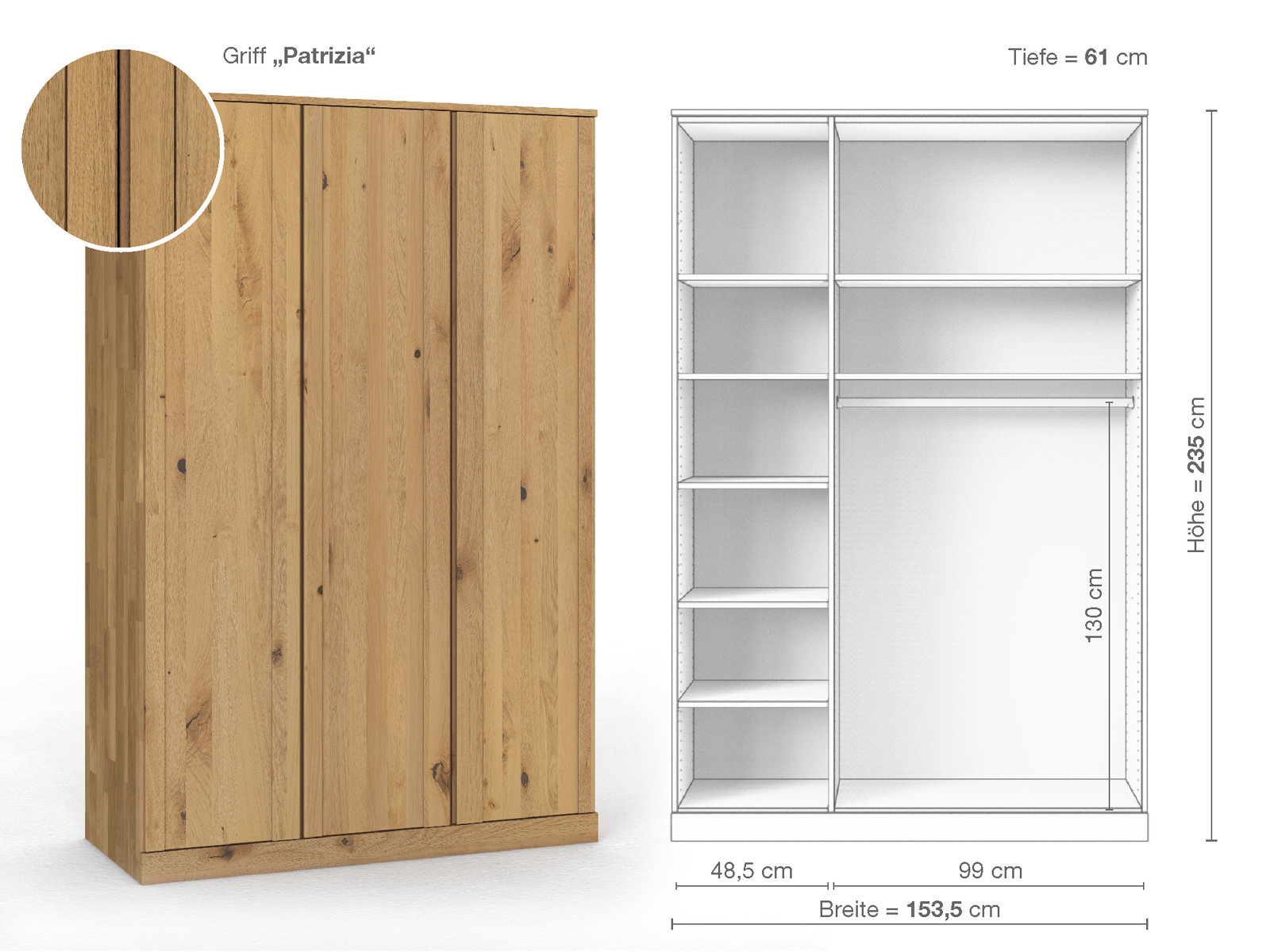 Wildeichenschrank Hell „Arnika“, 3-türig, Höhe 235 cm, Griffausführung „Patrizia“, Inneneinrichtung B