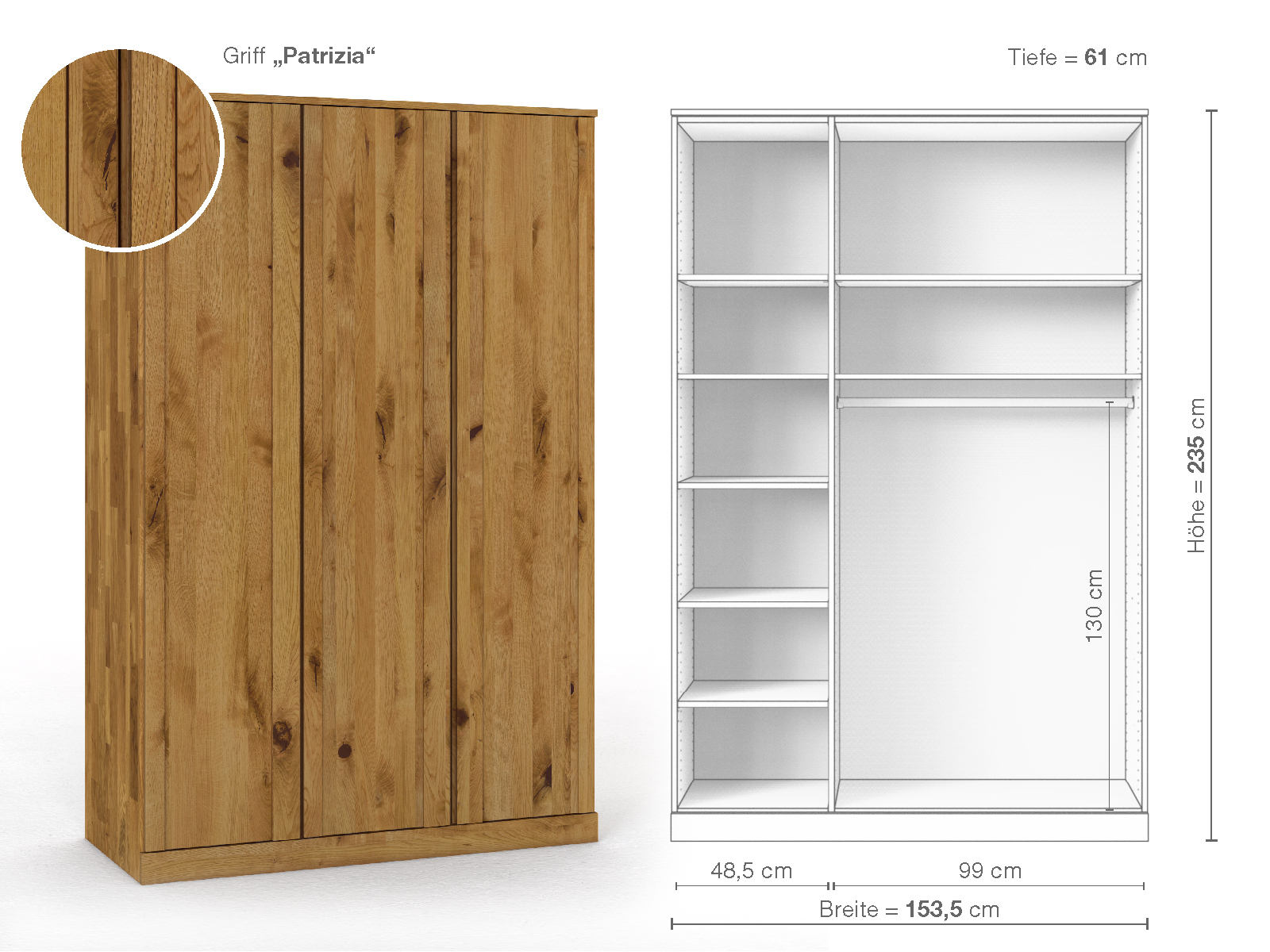 Wildeichenschrank „Arnika“, 3-türig, Höhe 235 cm, Griffausführung „Patrizia“, Inneneinrichtung B