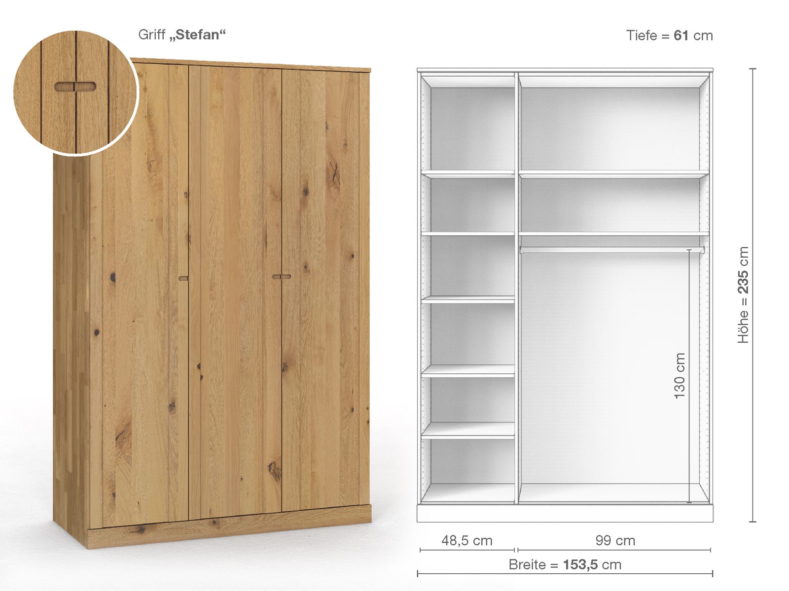 Wildeichenschrank Hell „Arnika“, 3-türig, Höhe 235 cm, Griffausführung „Stefan“, Inneneinrichtung B