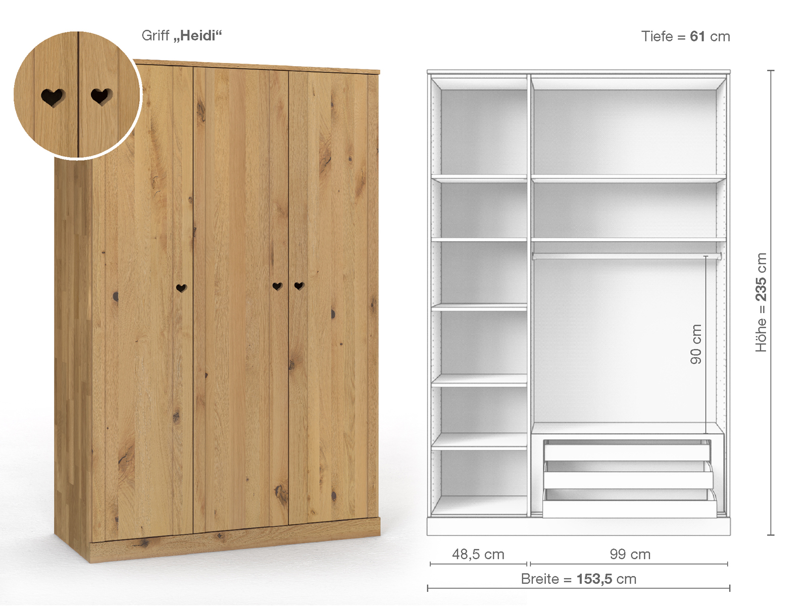 Wildeichenschrank Hell „Arnika“, 3-türig, Höhe 235 cm, Griffausführung „Heidi“, Inneneinrichtung C