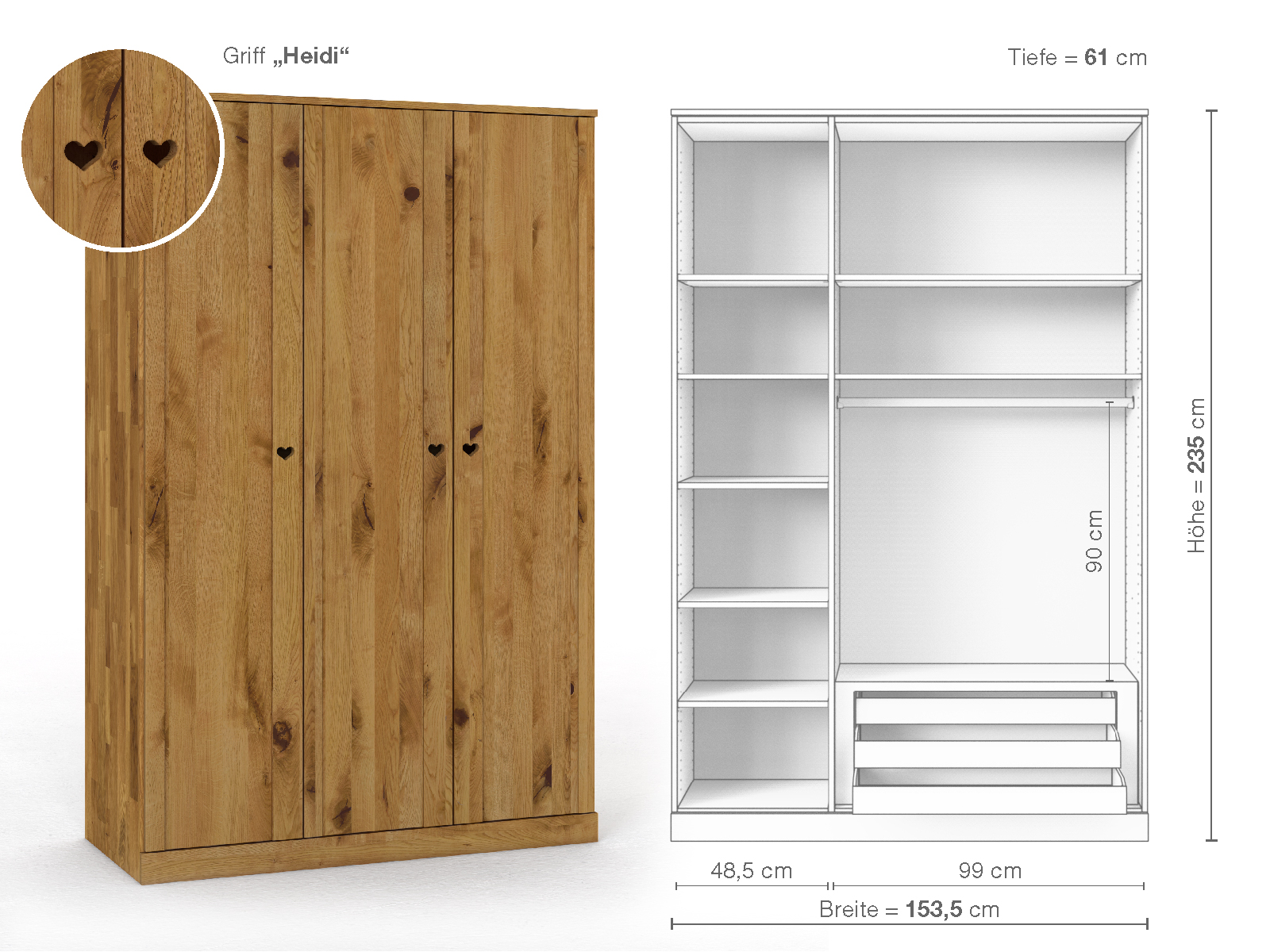 Wildeichenschrank „Arnika“, 3-türig, Höhe 235 cm, Griffausführung „Heidi“, Inneneinrichtung C