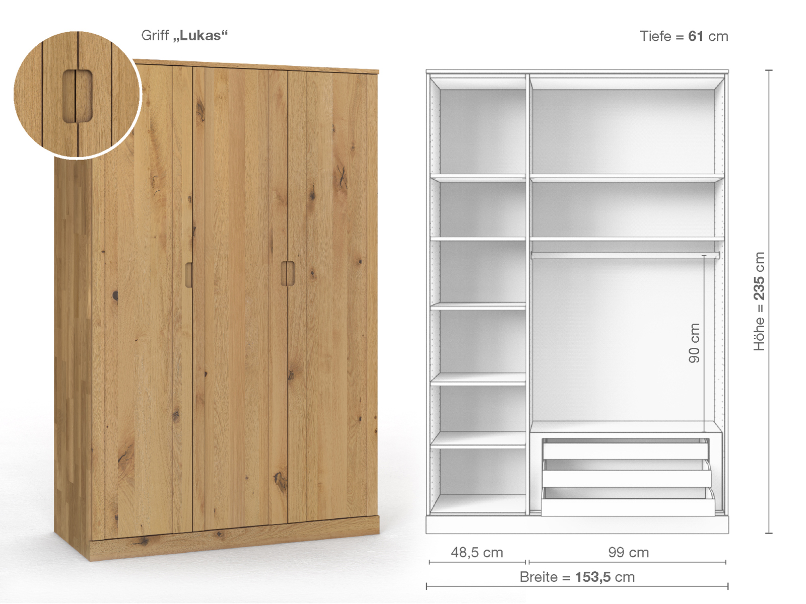 Wildeichenschrank Hell „Arnika“, 3-türig, Höhe 235 cm, Griffausführung „Lukas“, Inneneinrichtung C