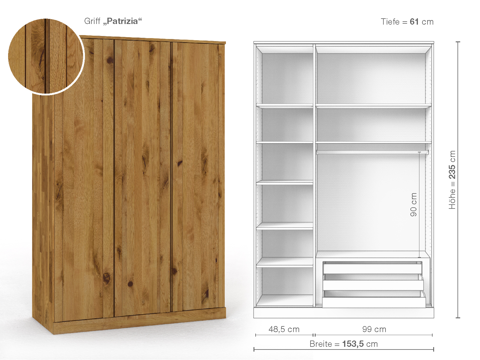 Wildeichenschrank „Arnika“, 3-türig, Höhe 235 cm, Griffausführung „Patrizia“, Inneneinrichtung C