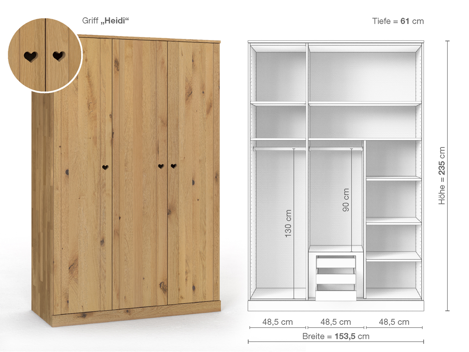 Wildeichenschrank Hell „Arnika“, 3-türig, Höhe 235 cm, Griffausführung „Heidi“, Inneneinrichtung D