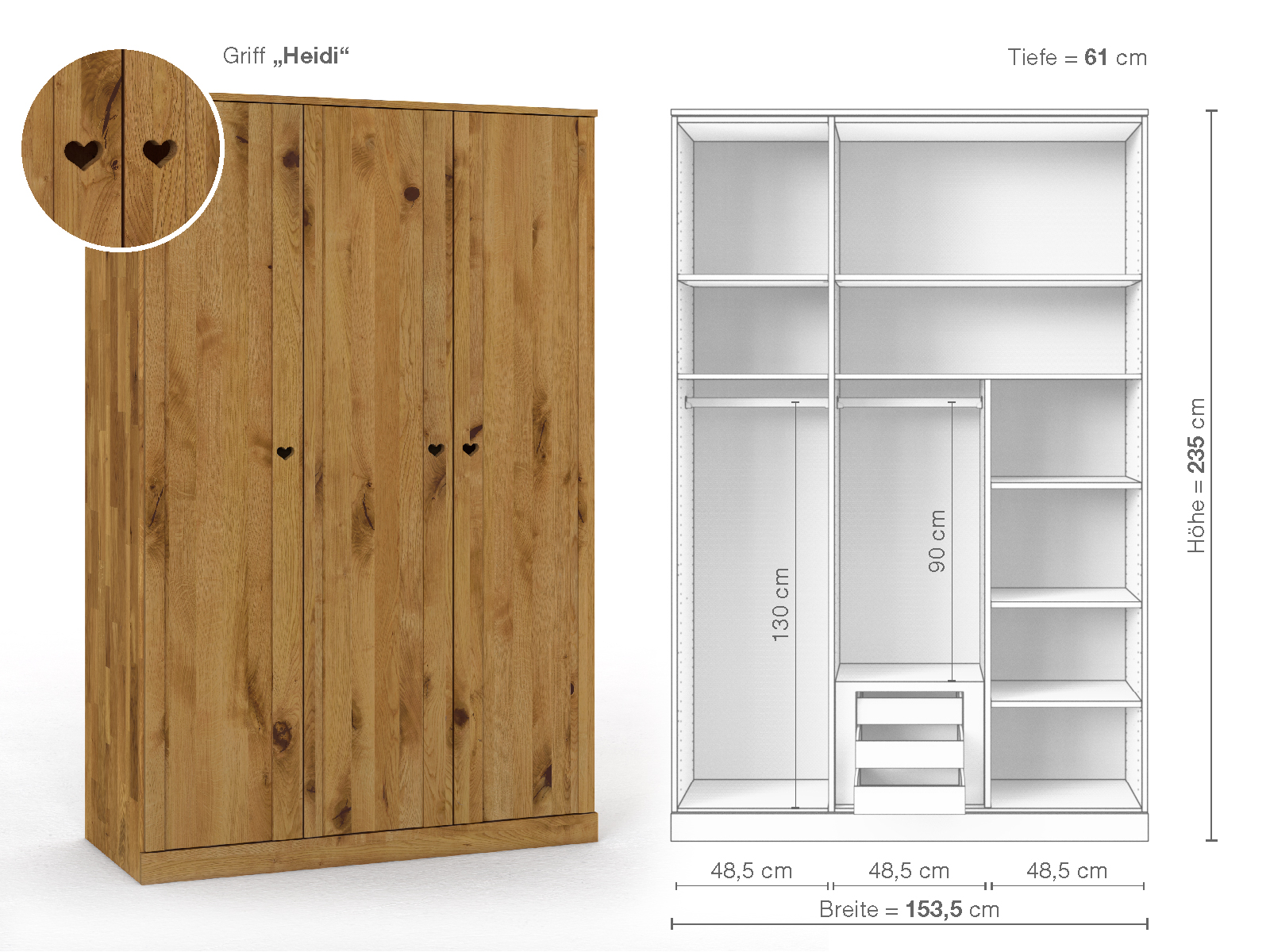 Wildeichenschrank „Arnika“, 3-türig, Höhe 235 cm, Griffausführung „Heidi“, Inneneinrichtung D