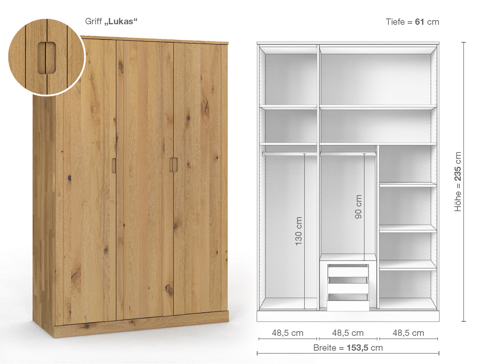 Wildeichenschrank Hell „Arnika“, 3-türig, Höhe 235 cm, Griffausführung „Lukas“, Inneneinrichtung D