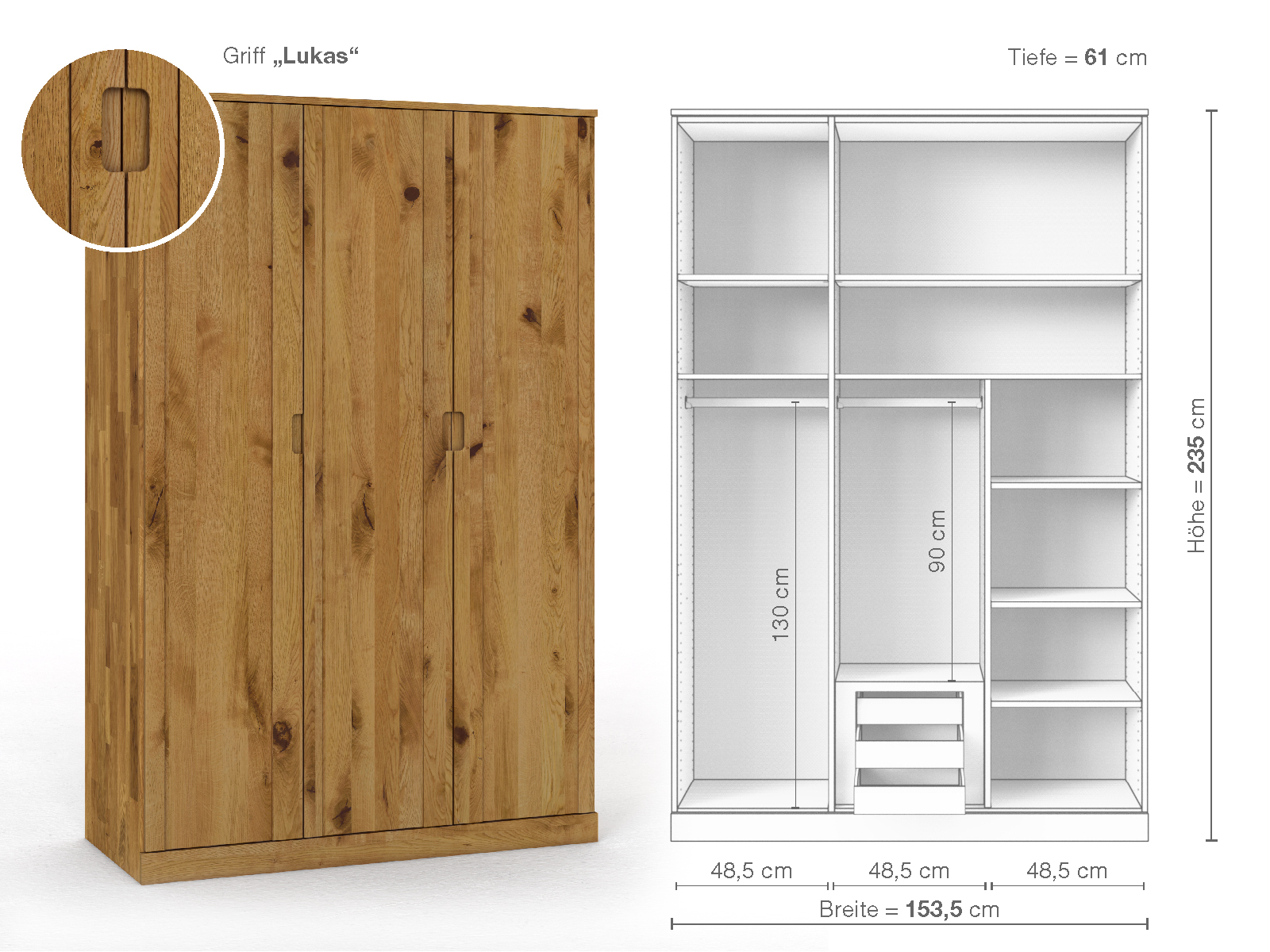 Wildeichenschrank „Arnika“, 3-türig, Höhe 235 cm, Griffausführung „Lukas“, Inneneinrichtung D