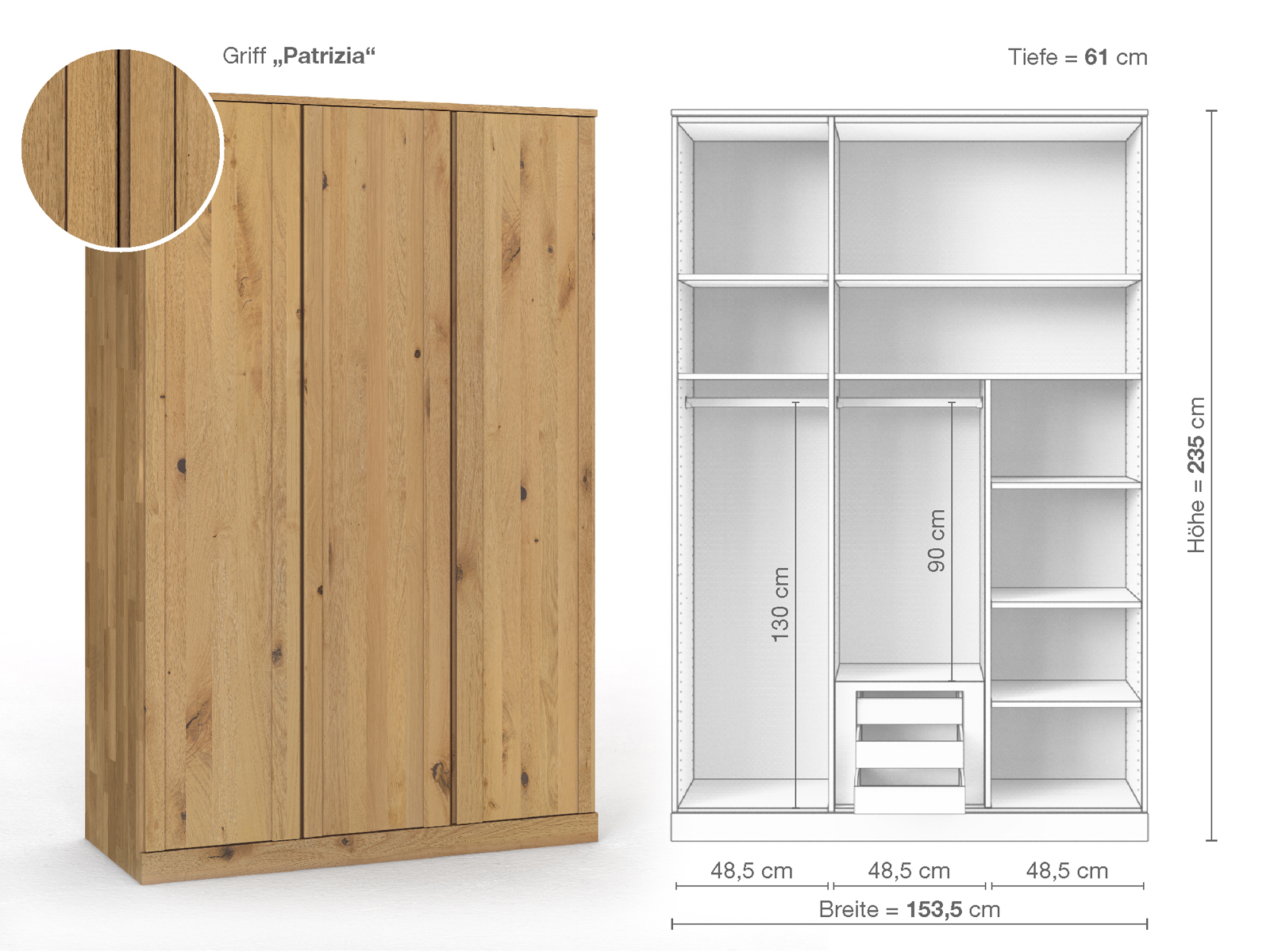 Wildeichenschrank Hell „Arnika“, 3-türig, Höhe 235 cm, Griffausführung „Patrizia“, Inneneinrichtung D