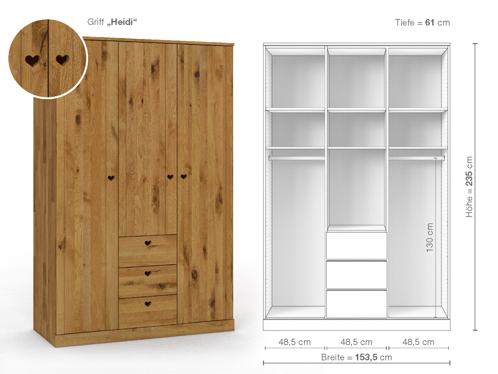 Wildeichenschrank „Arnika“, 3-türig, Höhe 235 cm, Griffausführung „Heidi“, Inneneinrichtung E