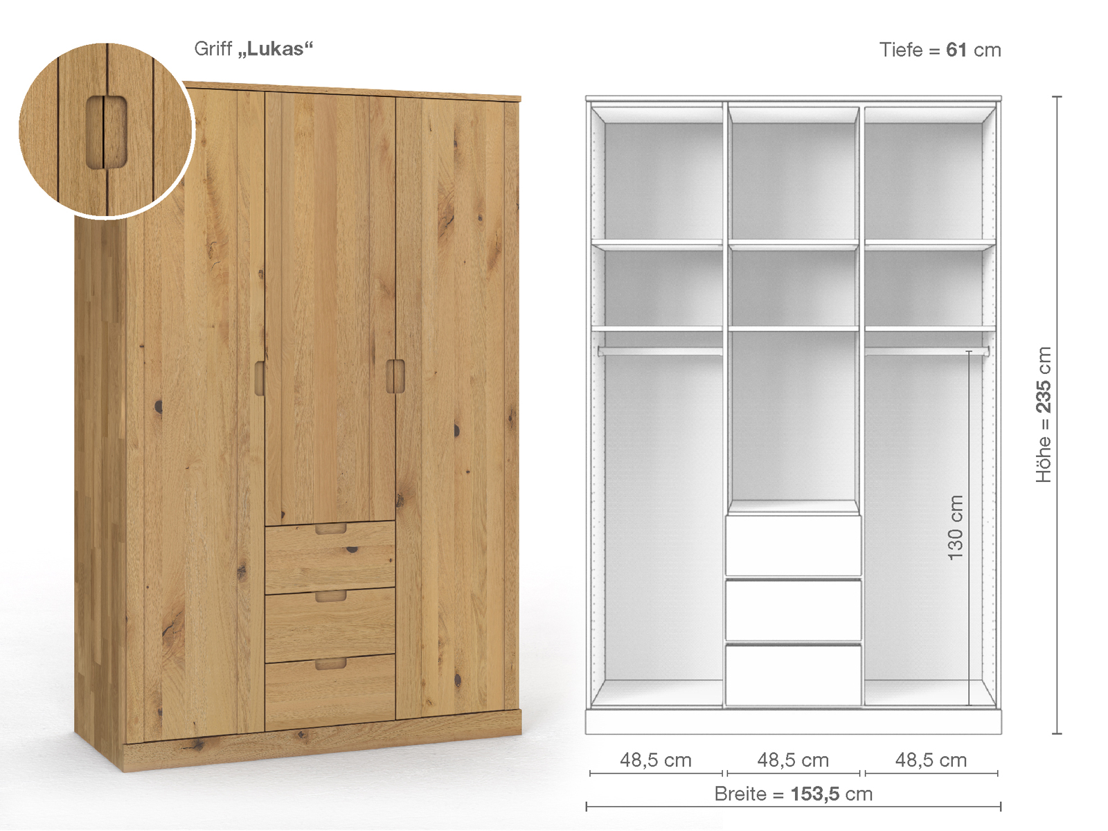 Wildeichenschrank Hell „Arnika“, 3-türig, Höhe 235 cm, Griffausführung „Lukas“, Inneneinrichtung E