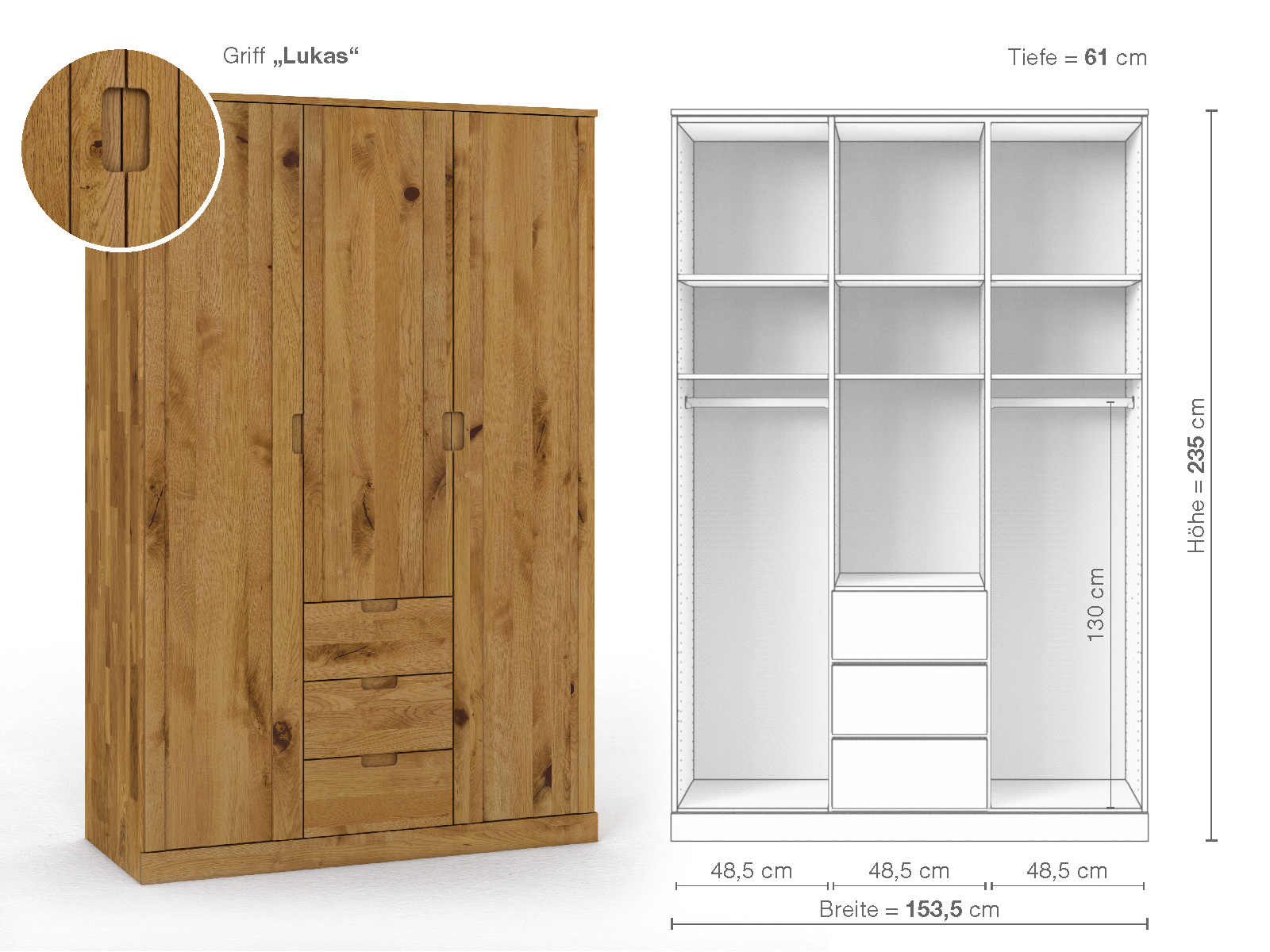 Wildeichenschrank „Arnika“, 3-türig, Höhe 235 cm, Griffausführung „Lukas“, Inneneinrichtung E