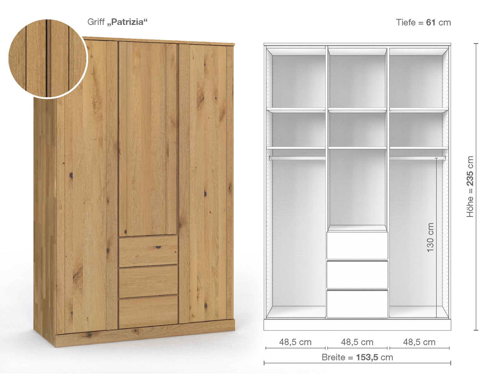 Wildeichenschrank Hell „Arnika“, 3-türig, Höhe 235 cm, Griffausführung „Patrizia“, Inneneinrichtung E