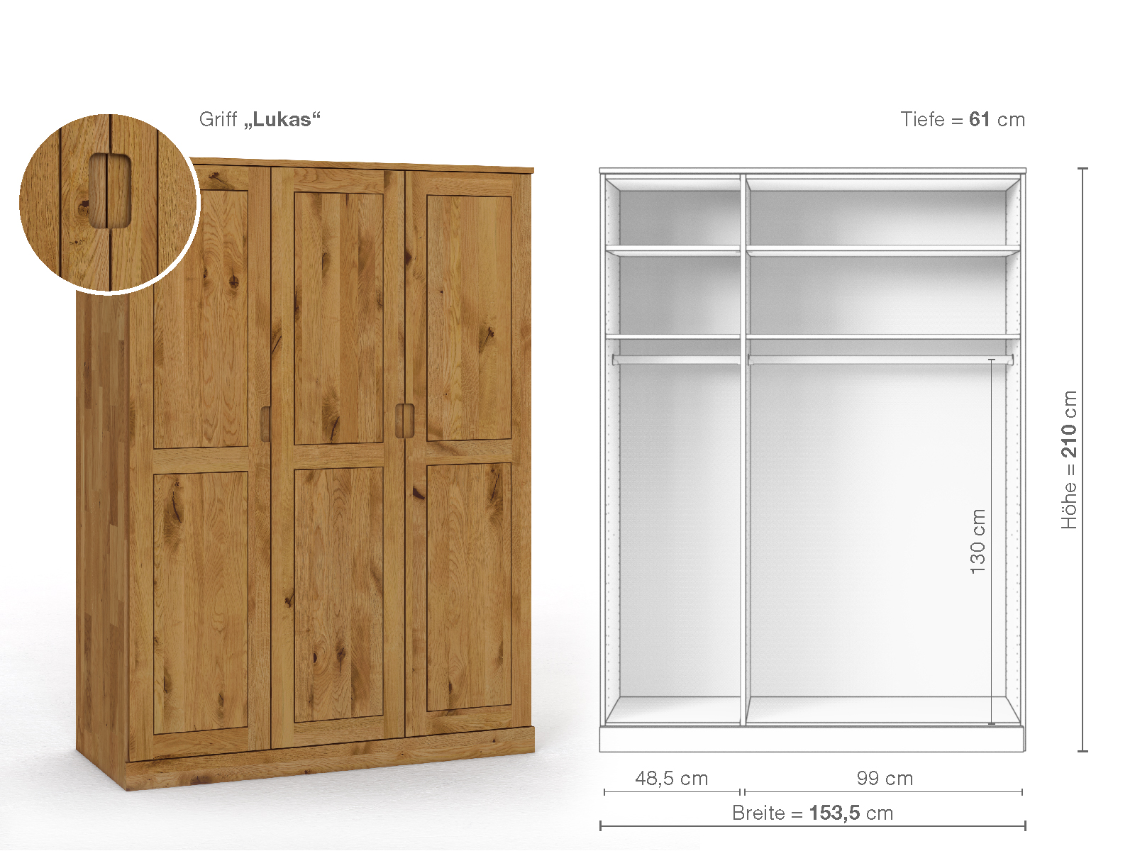 Schrank „Edelweiß“ aus Wildeiche, 3-türig, Höhe 210 cm, Griffausführung „Lukas“, Inneneinrichtung A