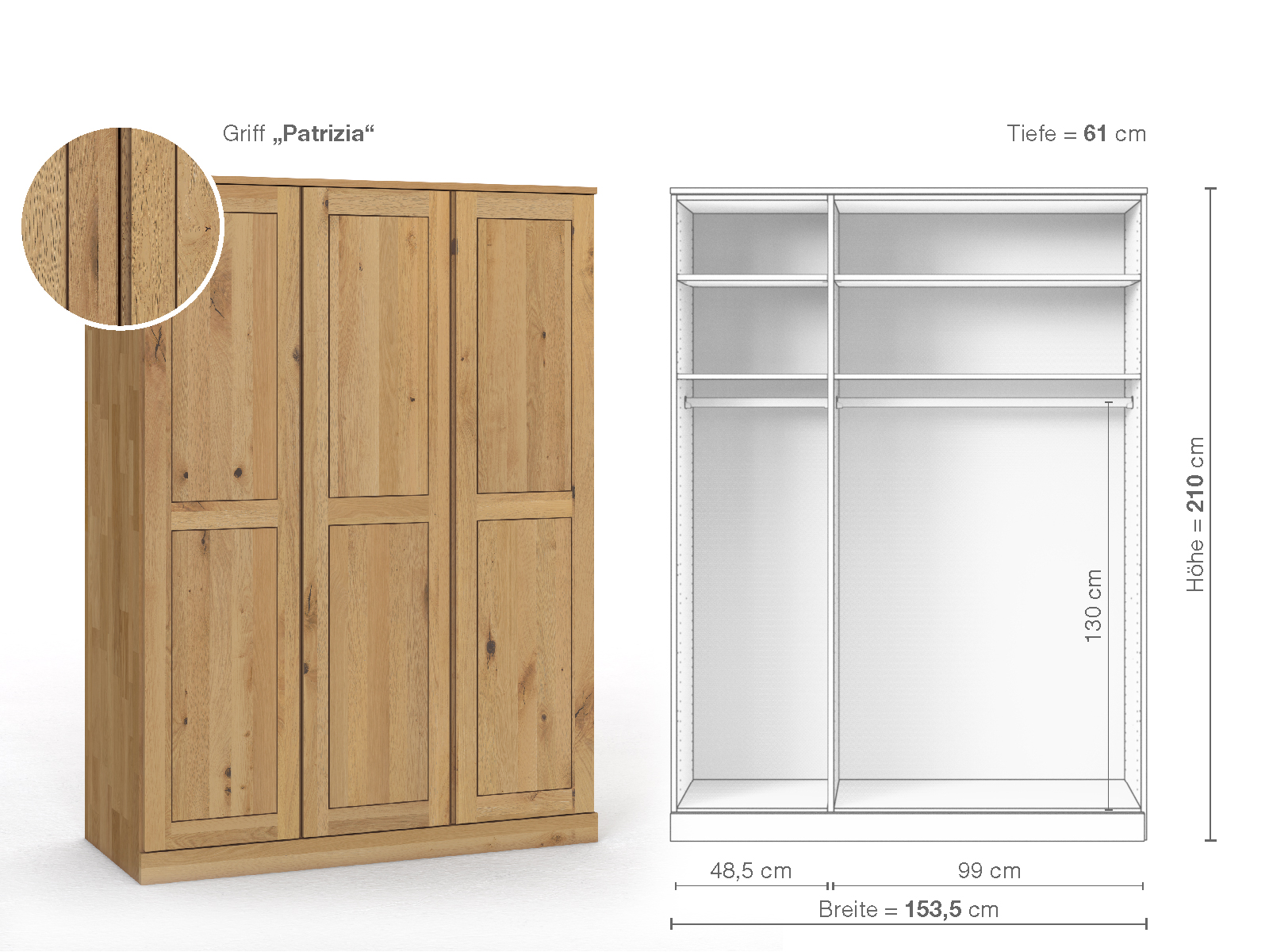 Schrank „Edelweiß“ aus Wildeiche Hell, 3-türig, Höhe 210 cm, Griffausführung „Patrizia“, Inneneinrichtung A