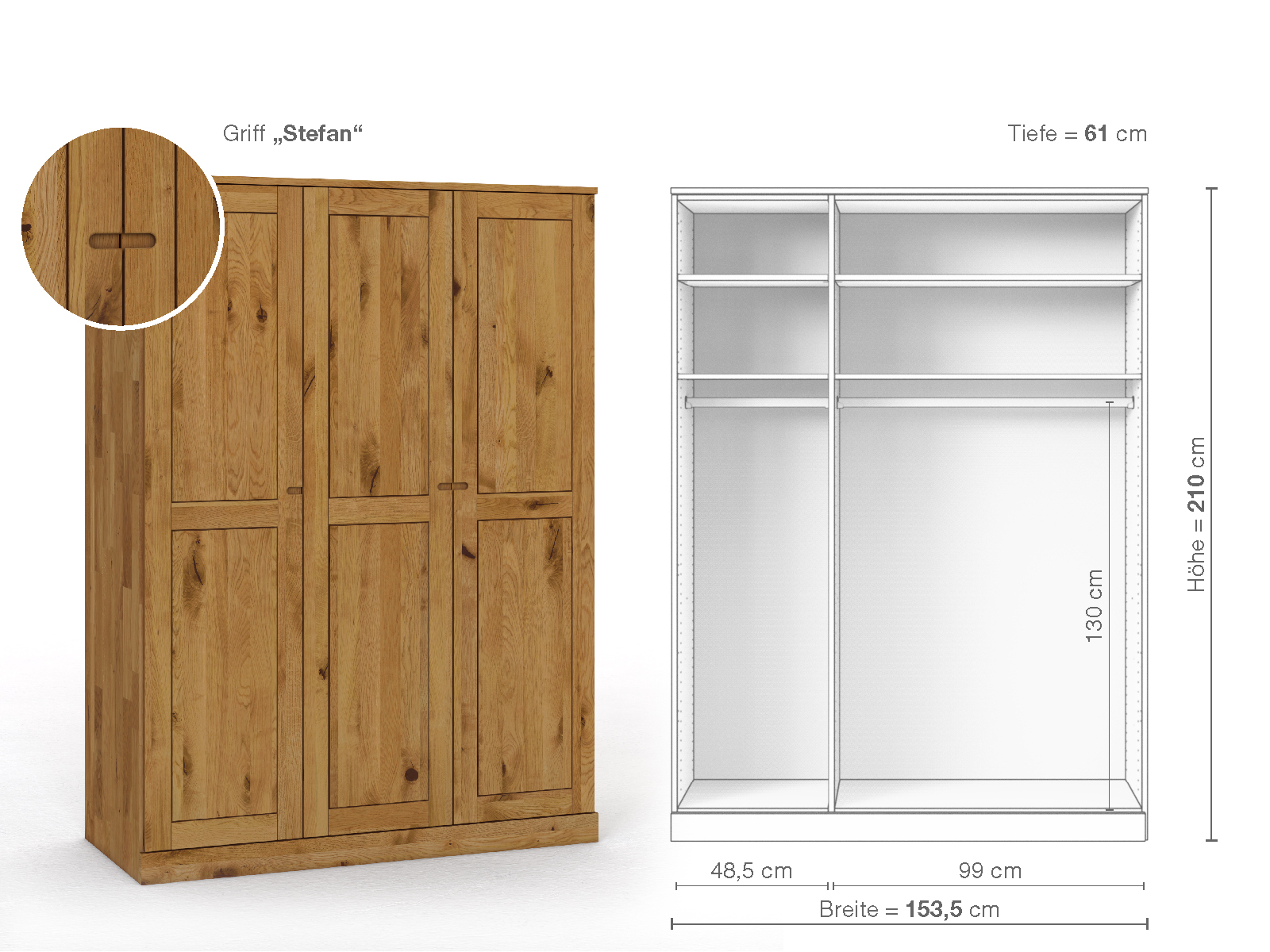 Schrank „Edelweiß“ aus Wildeiche, 3-türig, Höhe 210 cm, Griffausführung „Stefan“, Inneneinrichtung A