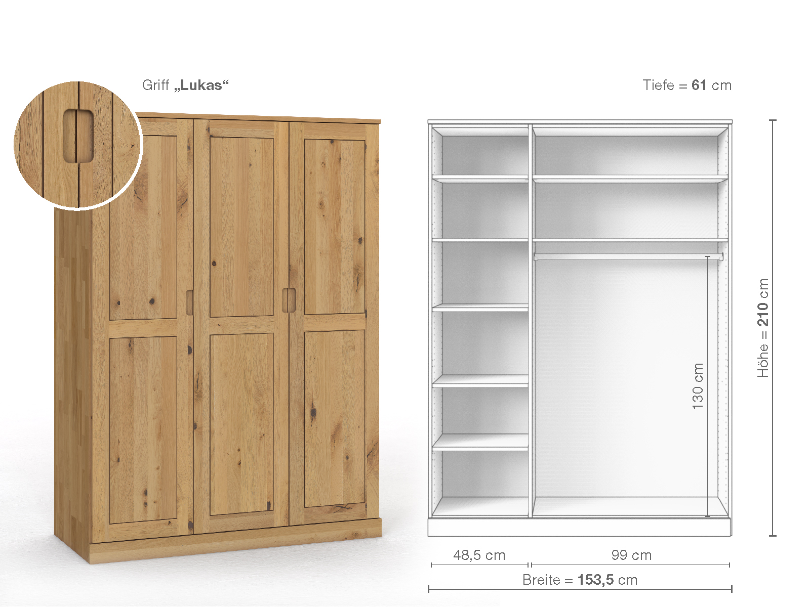 Schrank „Edelweiß“ aus Wildeiche Hell, 3-türig, Höhe 210 cm, Griffausführung „Lukas“, Inneneinrichtung B