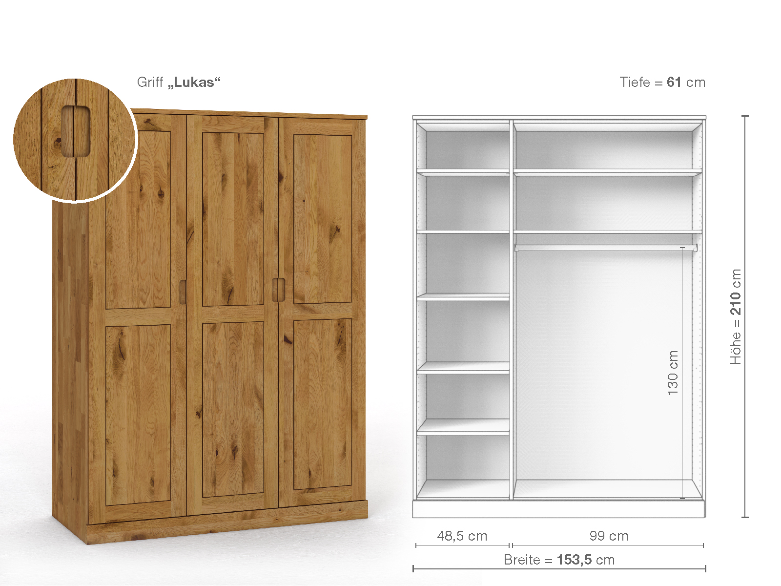 Schrank „Edelweiß“ aus Wildeiche, 3-türig, Höhe 210 cm, Griffausführung „Lukas“, Inneneinrichtung B