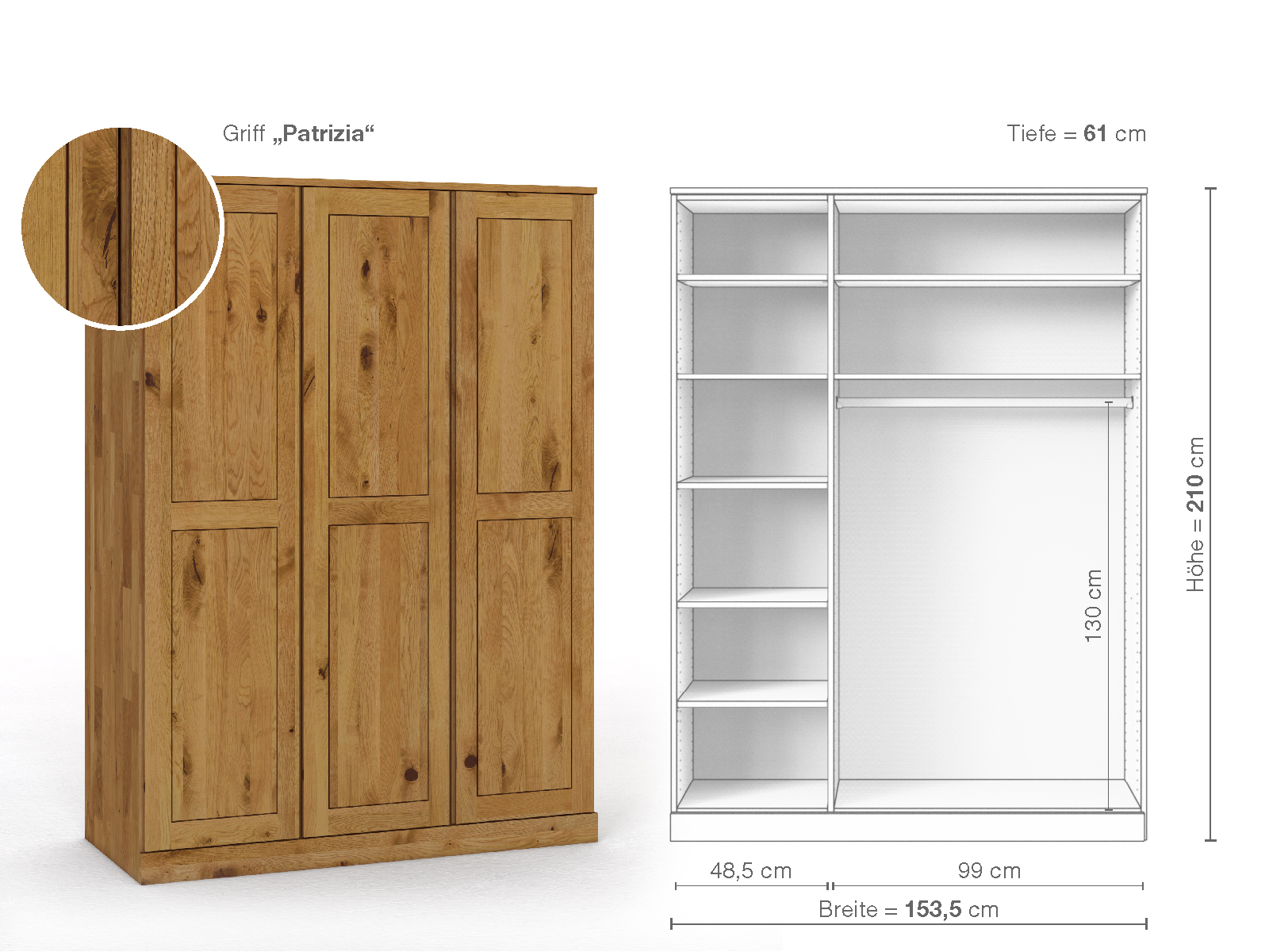 Schrank „Edelweiß“ aus Wildeiche, 3-türig, Höhe 210 cm, Griffausführung „Patrizia“, Inneneinrichtung B