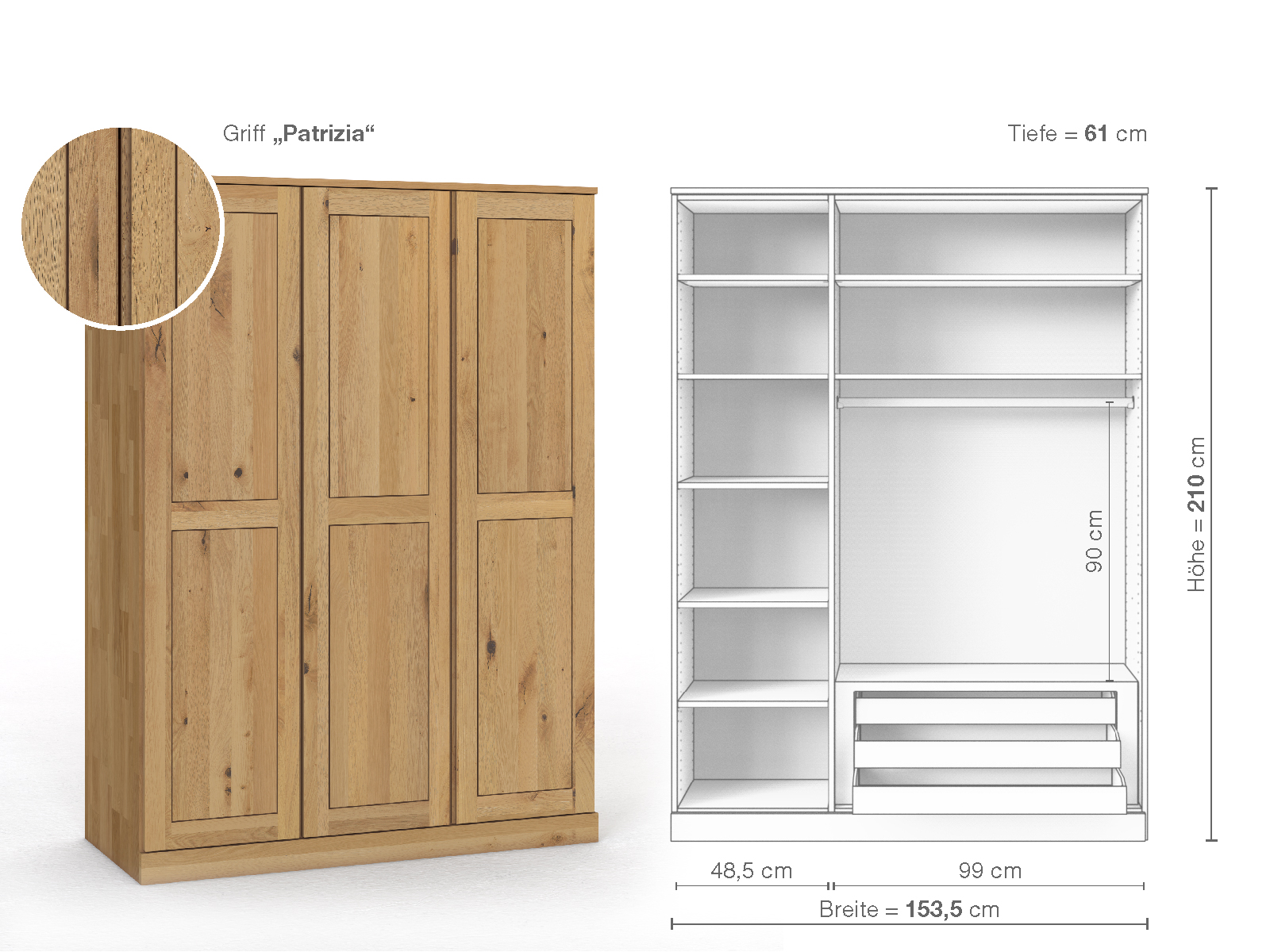 Schrank „Edelweiß“ aus Wildeiche Hell, 3-türig, Höhe 210 cm, Griffausführung „Patrizia“, Inneneinrichtung C