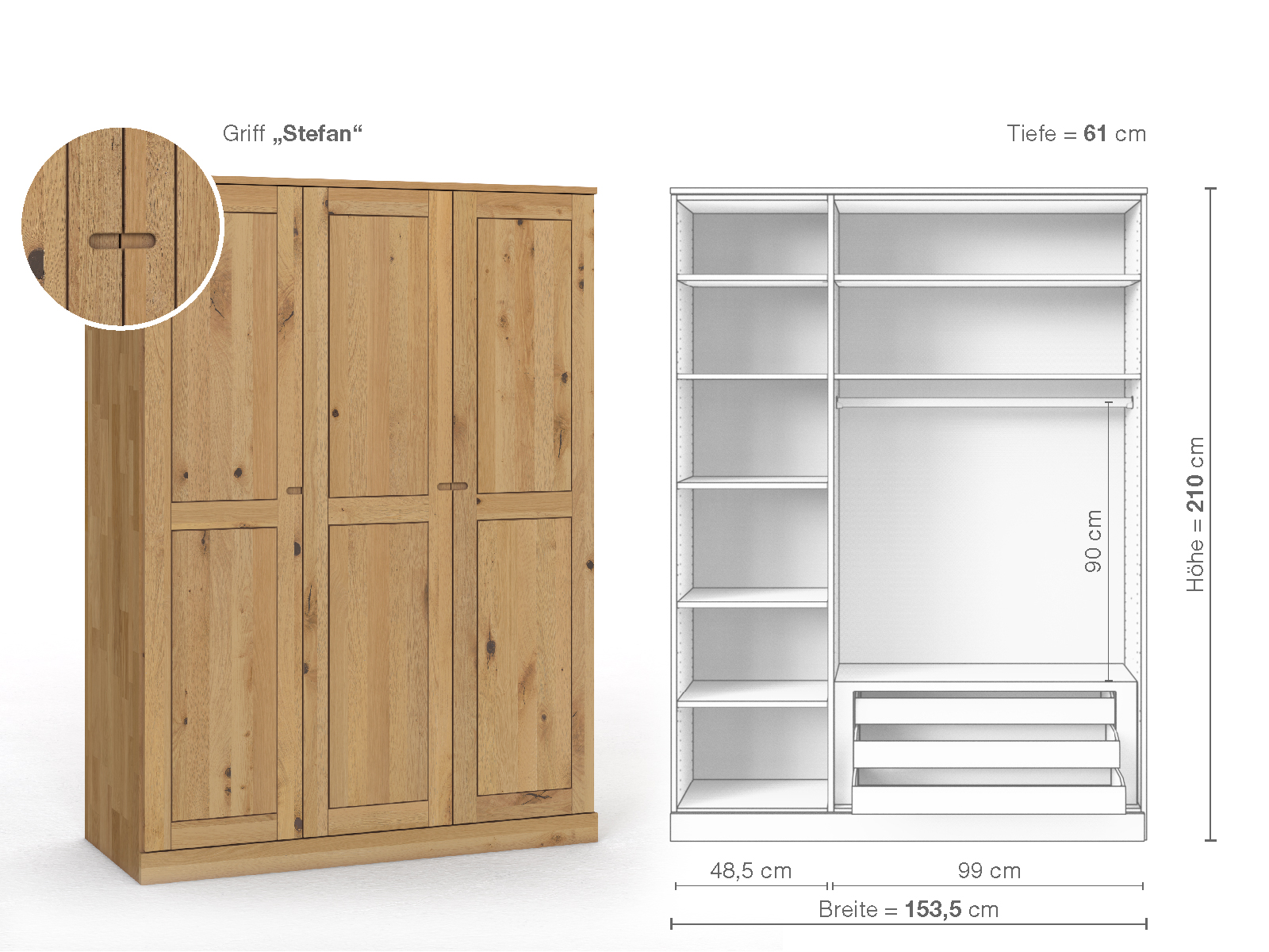 Schrank „Edelweiß“ aus Wildeiche Hell, 3-türig, Höhe 210 cm, Griffausführung „Stefan“, Inneneinrichtung C