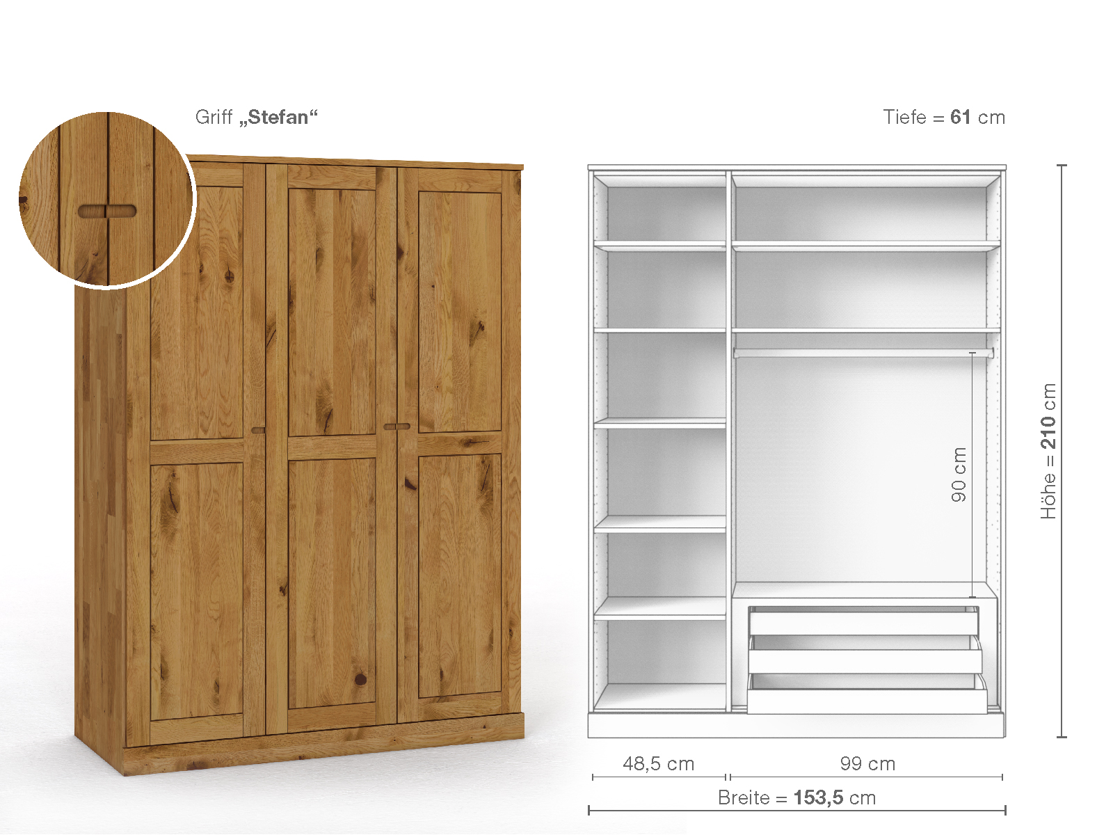 Schrank „Edelweiß“ aus Wildeiche, 3-türig, Höhe 210 cm, Griffausführung „Stefan“, Inneneinrichtung C