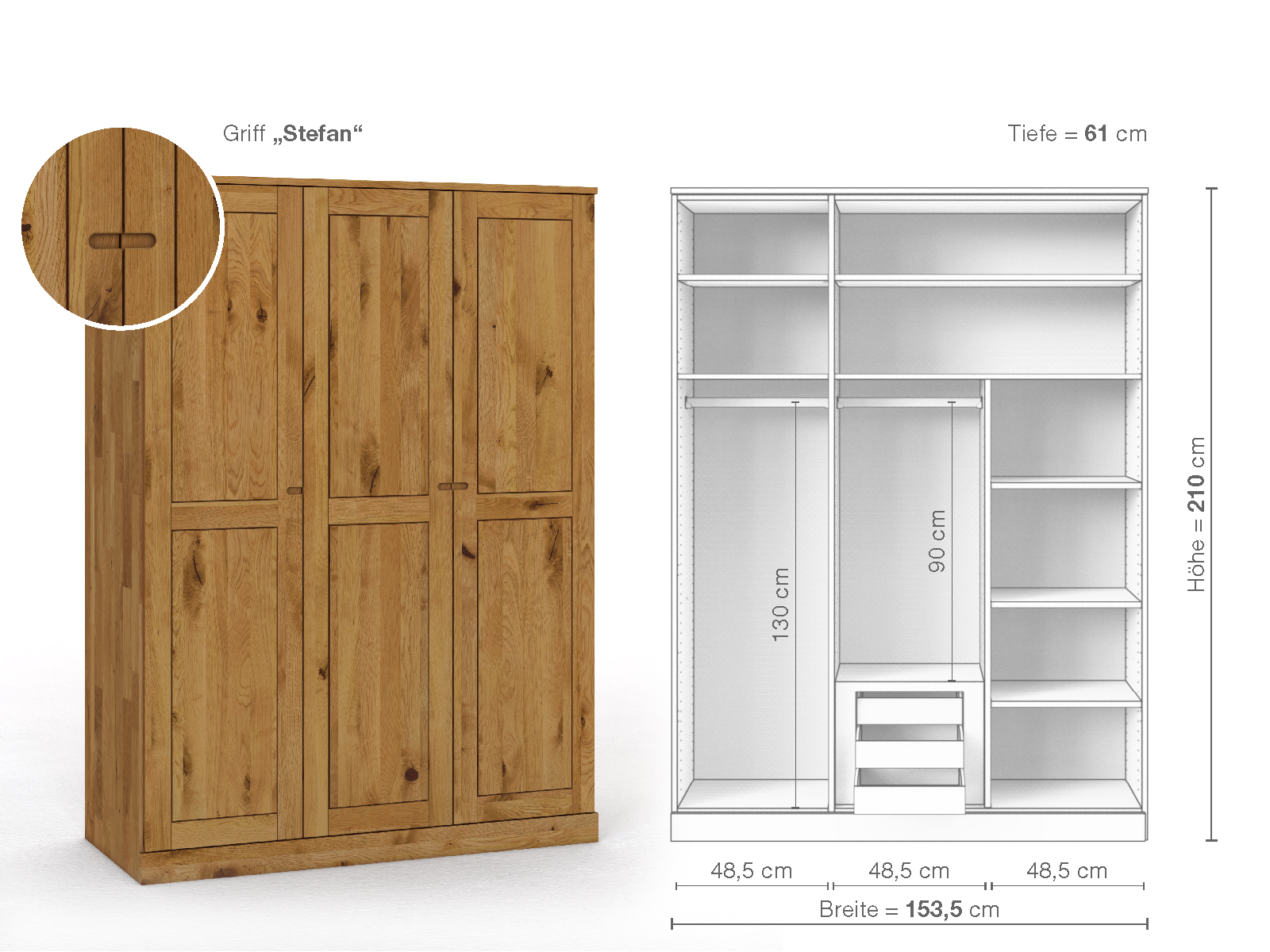 Schrank „Edelweiß“ aus Wildeiche, 3-türig, Höhe 210 cm, Griffausführung „Stefan“, Inneneinrichtung D