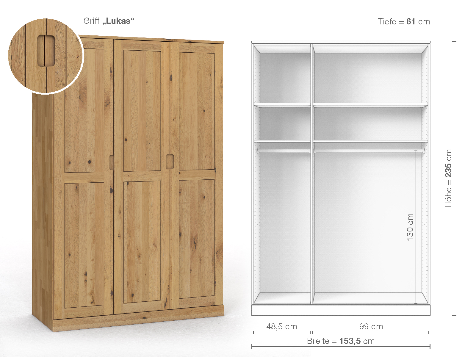 Schrank „Edelweiß“ aus Wildeiche Hell, 3-türig, Höhe 235 cm, Griffausführung „Lukas“, Inneneinrichtung A
