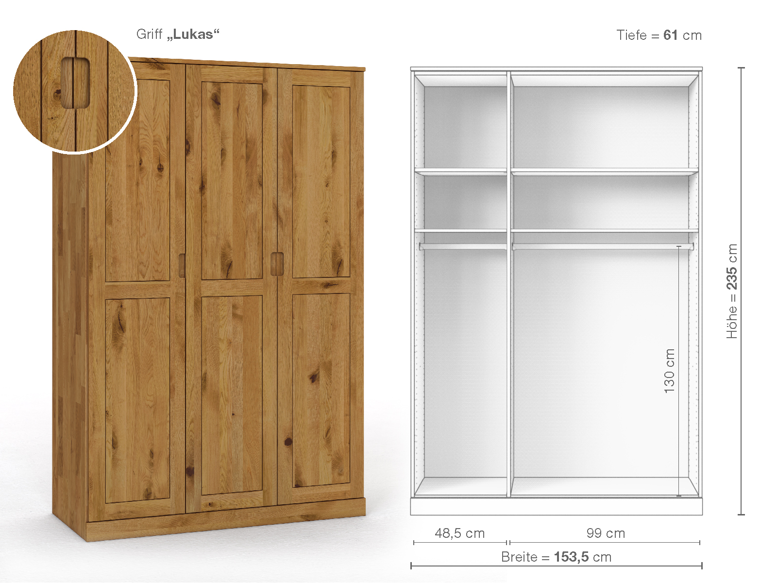 Schrank „Edelweiß“ aus Wildeiche, 3-türig, Höhe 235 cm, Griffausführung „Lukas“, Inneneinrichtung A