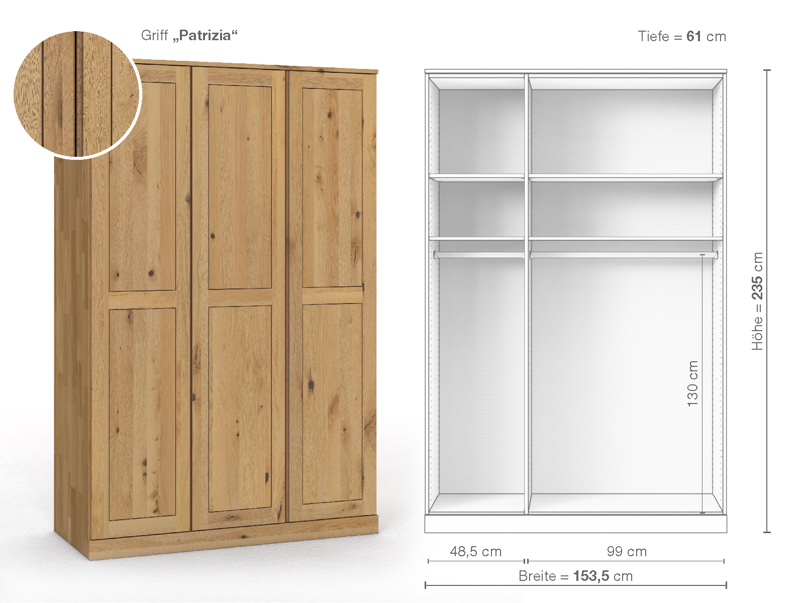 Schrank „Edelweiß“ aus Wildeiche Hell, 3-türig, Höhe 235 cm, Griffausführung „Patrizia“, Inneneinrichtung A