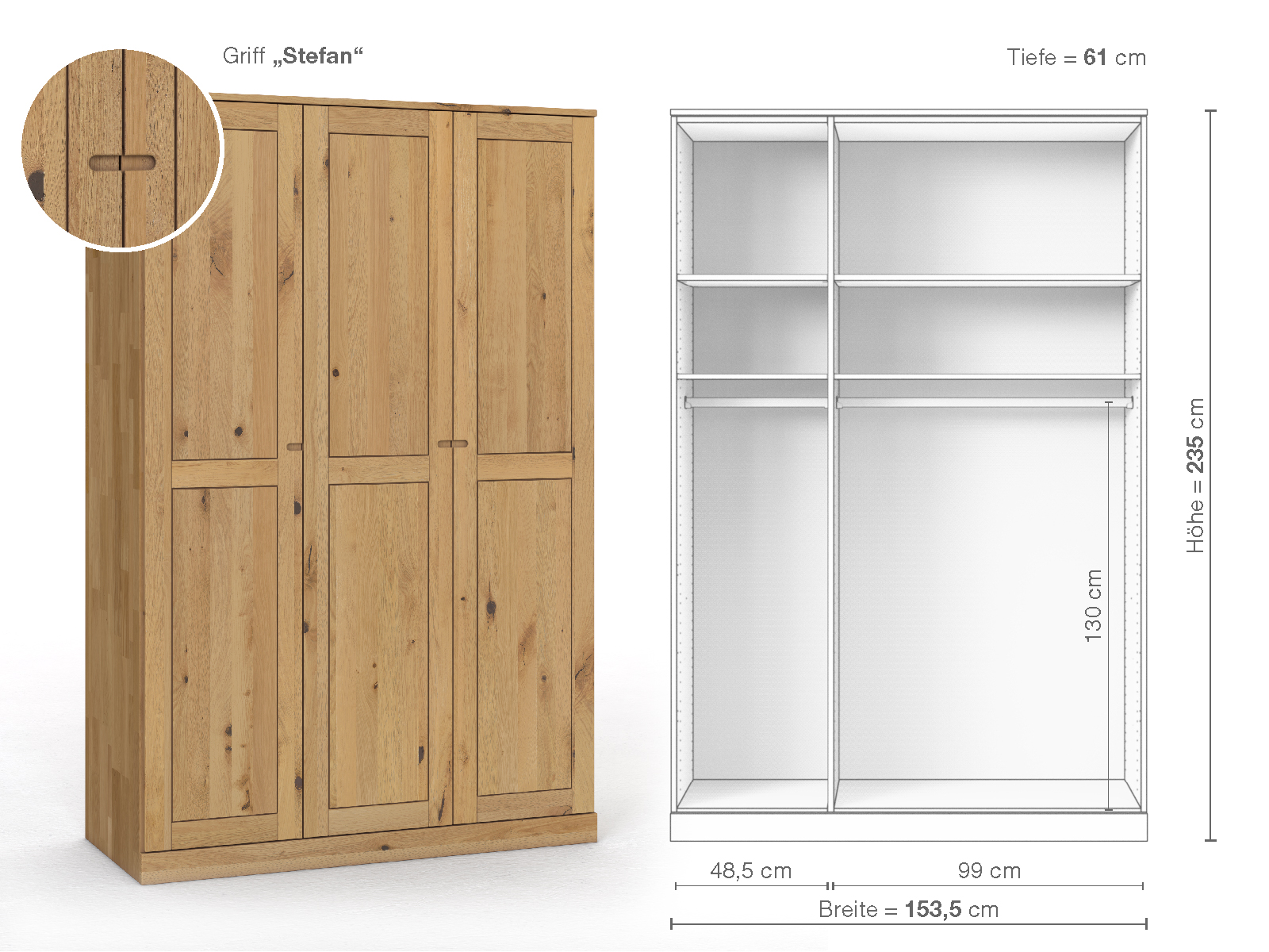 Schrank „Edelweiß“ aus Wildeiche Hell, 3-türig, Höhe 235 cm, Griffausführung „Stefan“, Inneneinrichtung A