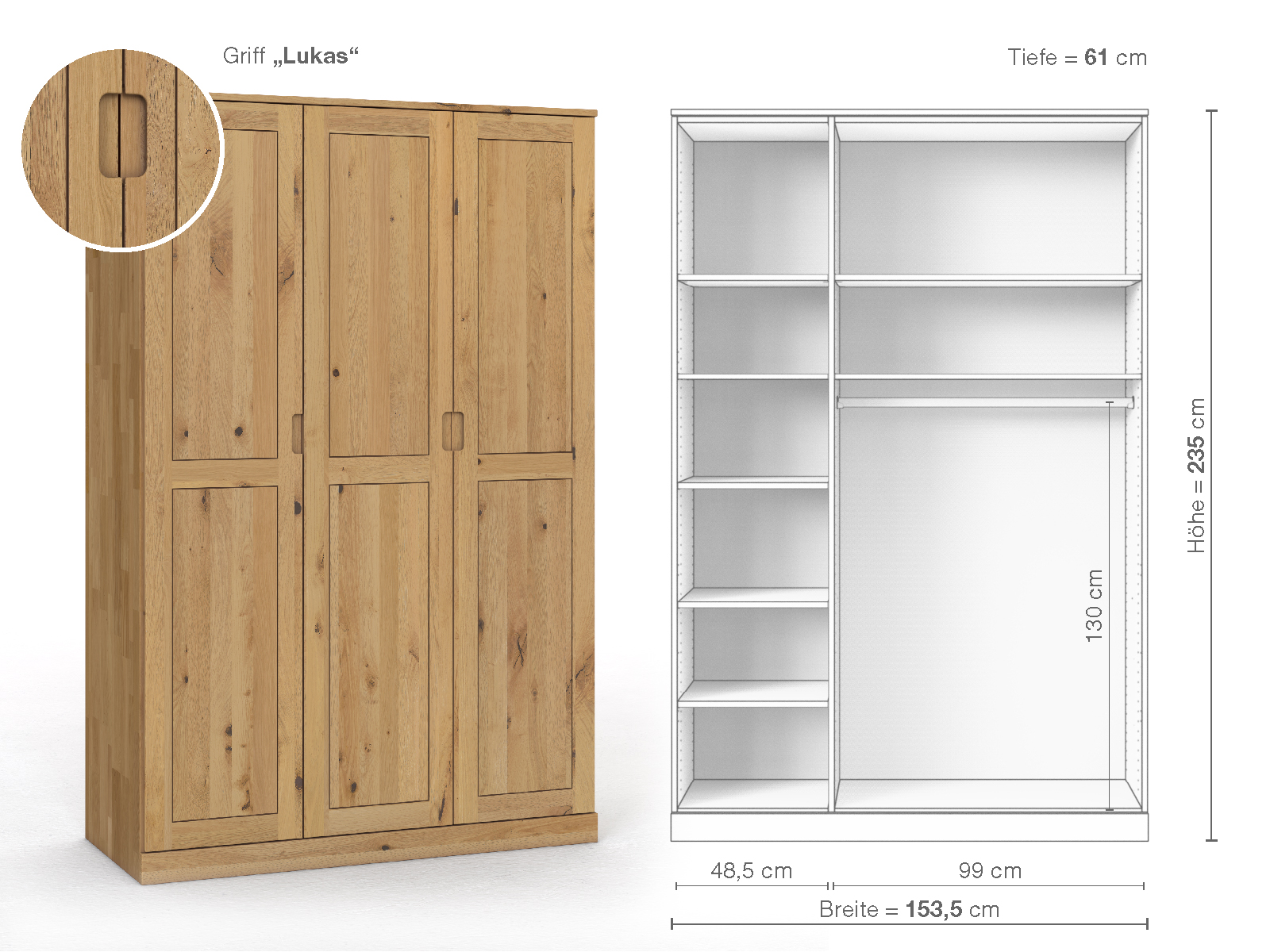 Schrank „Edelweiß“ aus Wildeiche Hell, 3-türig, Höhe 235 cm, Griffausführung „Lukas“, Inneneinrichtung B