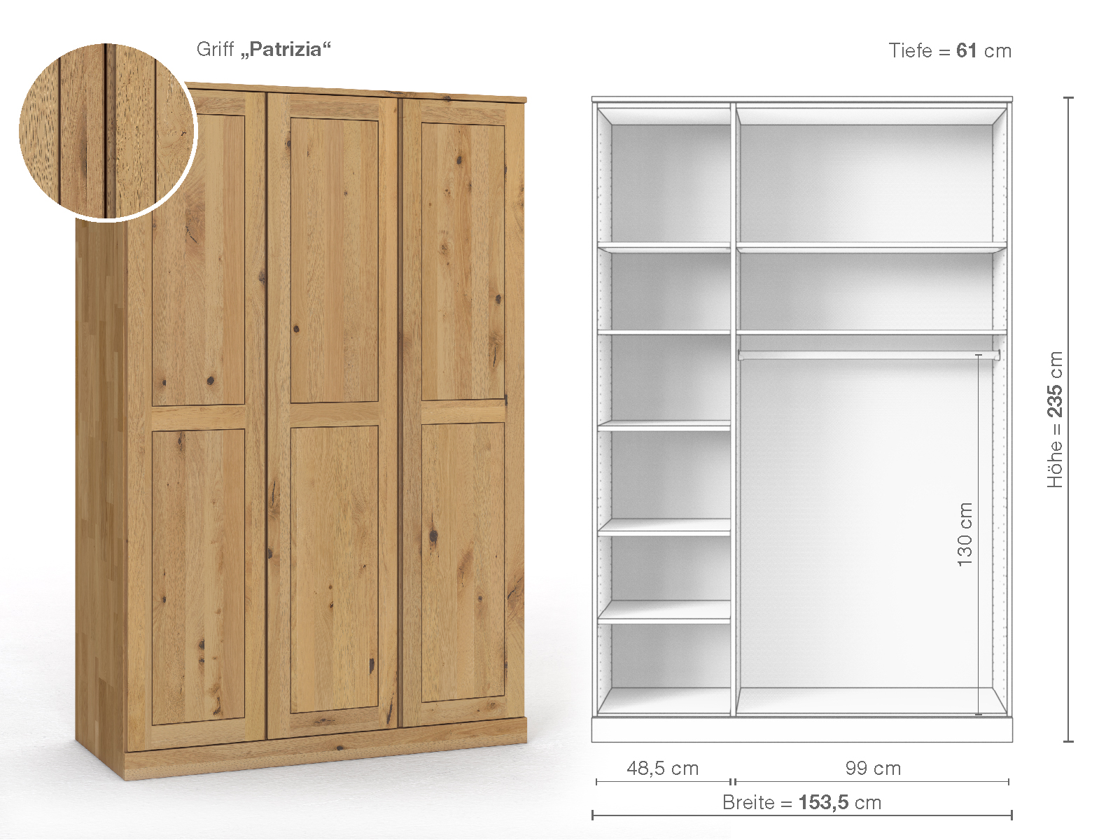 Schrank „Edelweiß“ aus Wildeiche Hell, 3-türig, Höhe 235 cm, Griffausführung „Patrizia“, Inneneinrichtung B