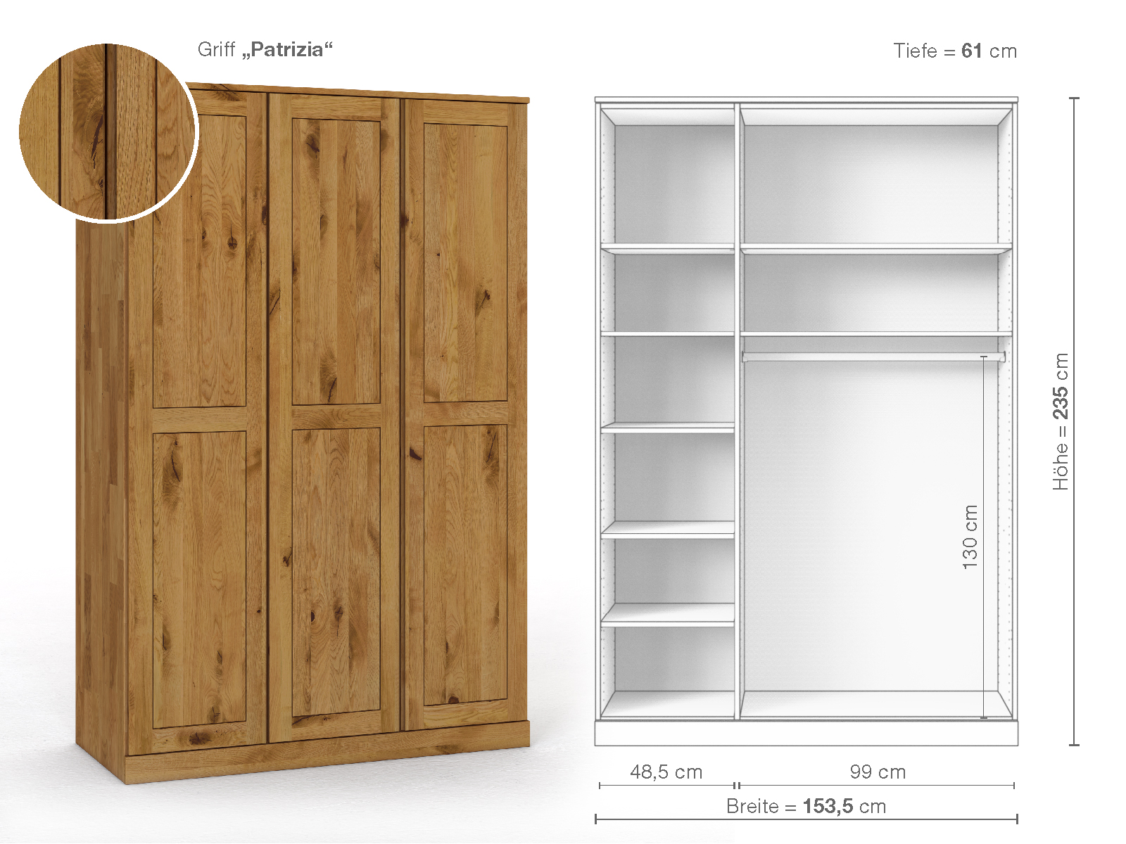 Schrank „Edelweiß“ aus Wildeiche, 3-türig, Höhe 235 cm, Griffausführung „Patrizia“, Inneneinrichtung B