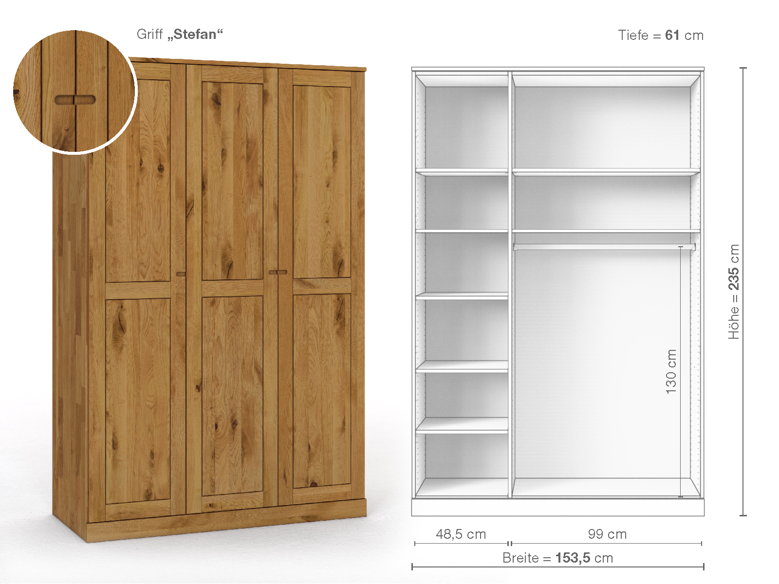 Schrank „Edelweiß“ aus Wildeiche, 3-türig, Höhe 235 cm, Griffausführung „Stefan“, Inneneinrichtung B