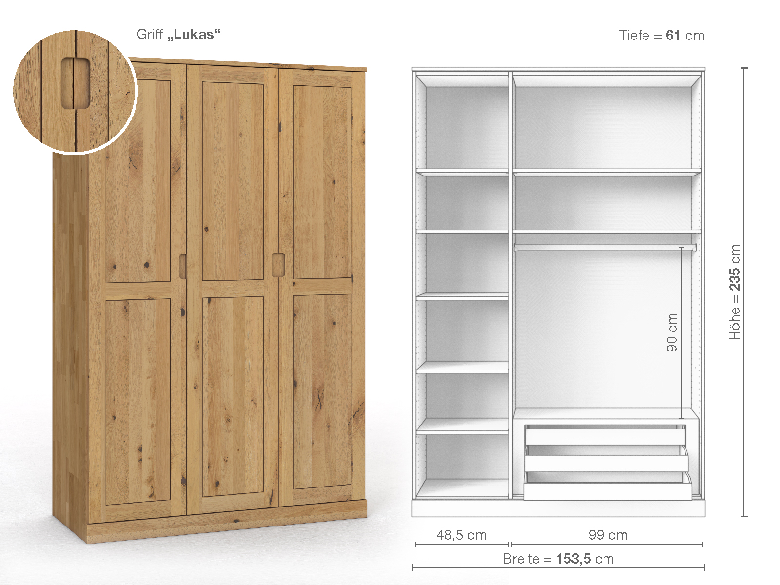 Schrank „Edelweiß“ aus Wildeiche Hell, 3-türig, Höhe 235 cm, Griffausführung „Lukas“, Inneneinrichtung C