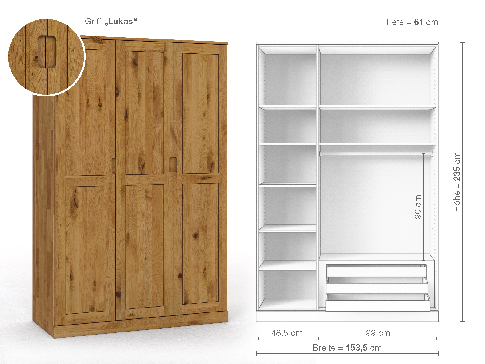 Schrank „Edelweiß“ aus Wildeiche, 3-türig, Höhe 235 cm, Griffausführung „Lukas“, Inneneinrichtung C