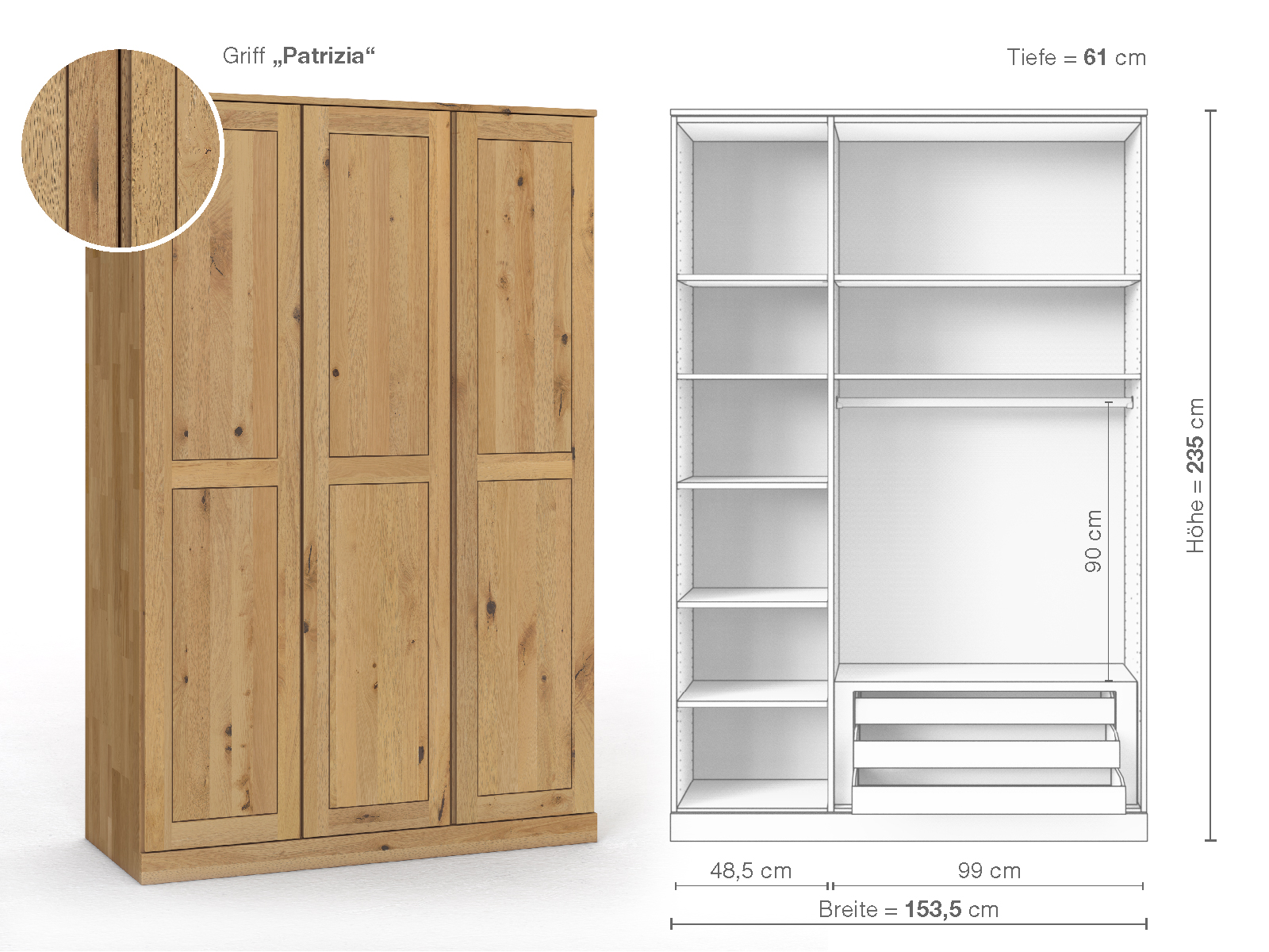 Schrank „Edelweiß“ aus Wildeiche Hell, 3-türig, Höhe 235 cm, Griffausführung „Patrizia“, Inneneinrichtung C