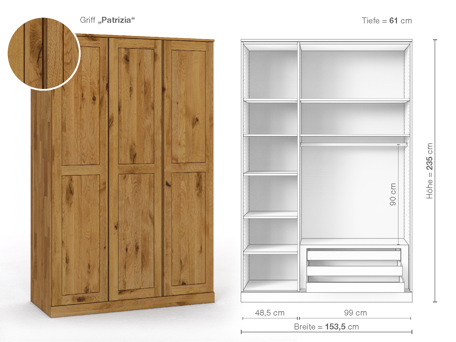 Schrank „Edelweiß“ aus Wildeiche, 3-türig, Höhe 235 cm, Griffausführung „Patrizia“, Inneneinrichtung C