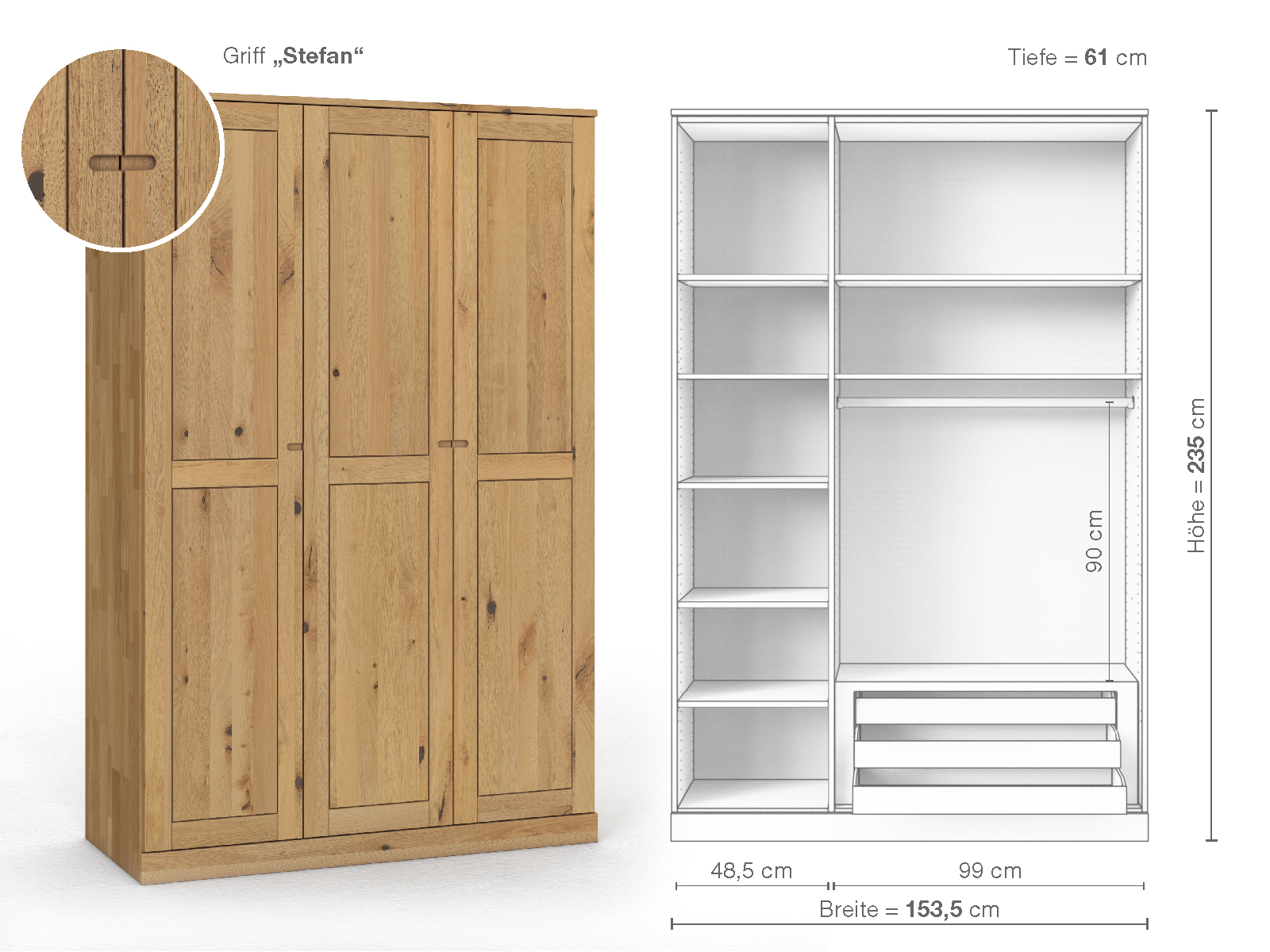 Schrank „Edelweiß“ aus Wildeiche Hell, 3-türig, Höhe 235 cm, Griffausführung „Stefan“, Inneneinrichtung C