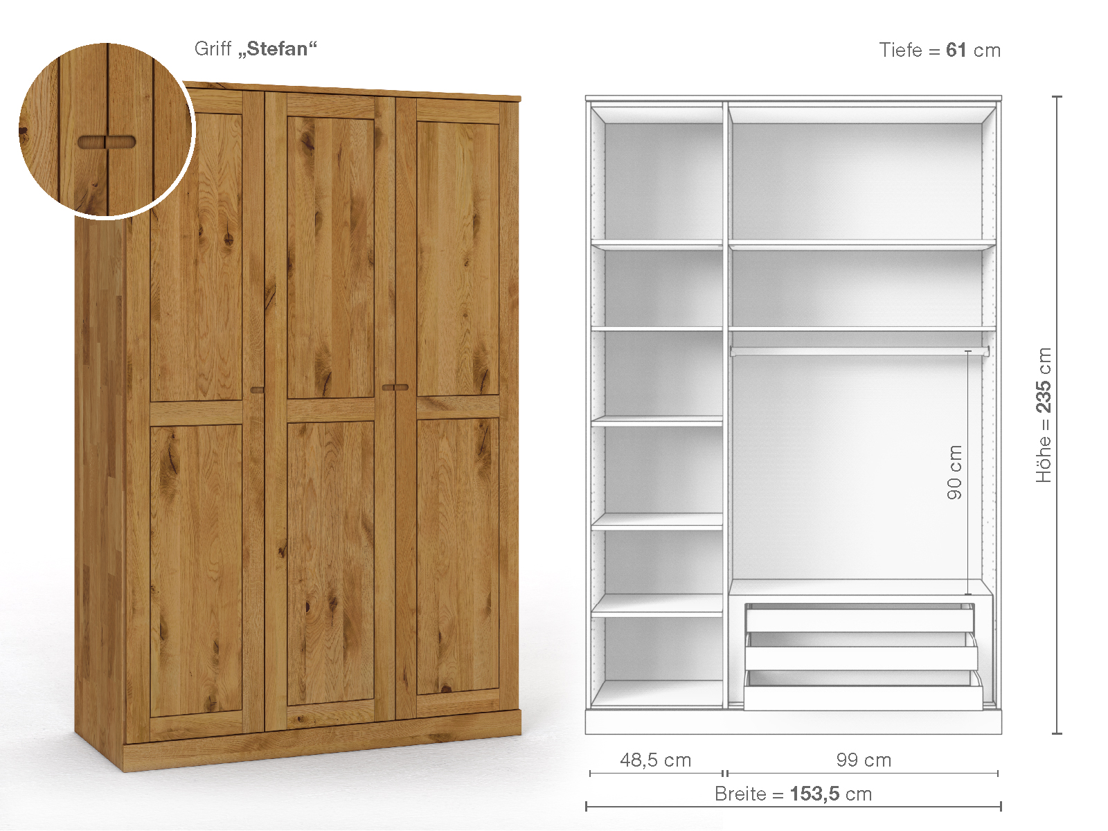 Schrank „Edelweiß“ aus Wildeiche, 3-türig, Höhe 235 cm, Griffausführung „Stefan“, Inneneinrichtung C