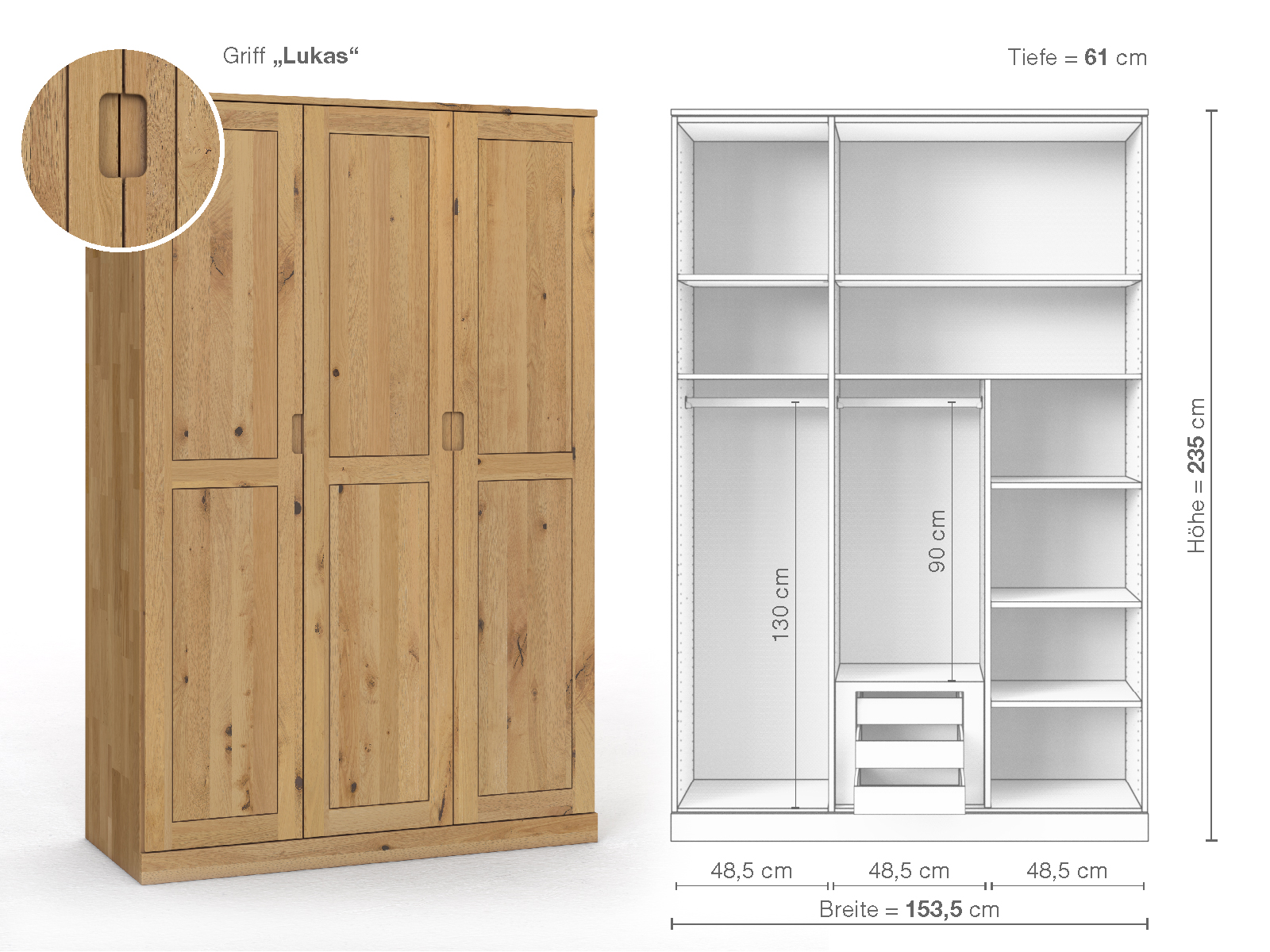 Schrank „Edelweiß“ aus Wildeiche Hell, 3-türig, Höhe 235 cm, Griffausführung „Lukas“, Inneneinrichtung D