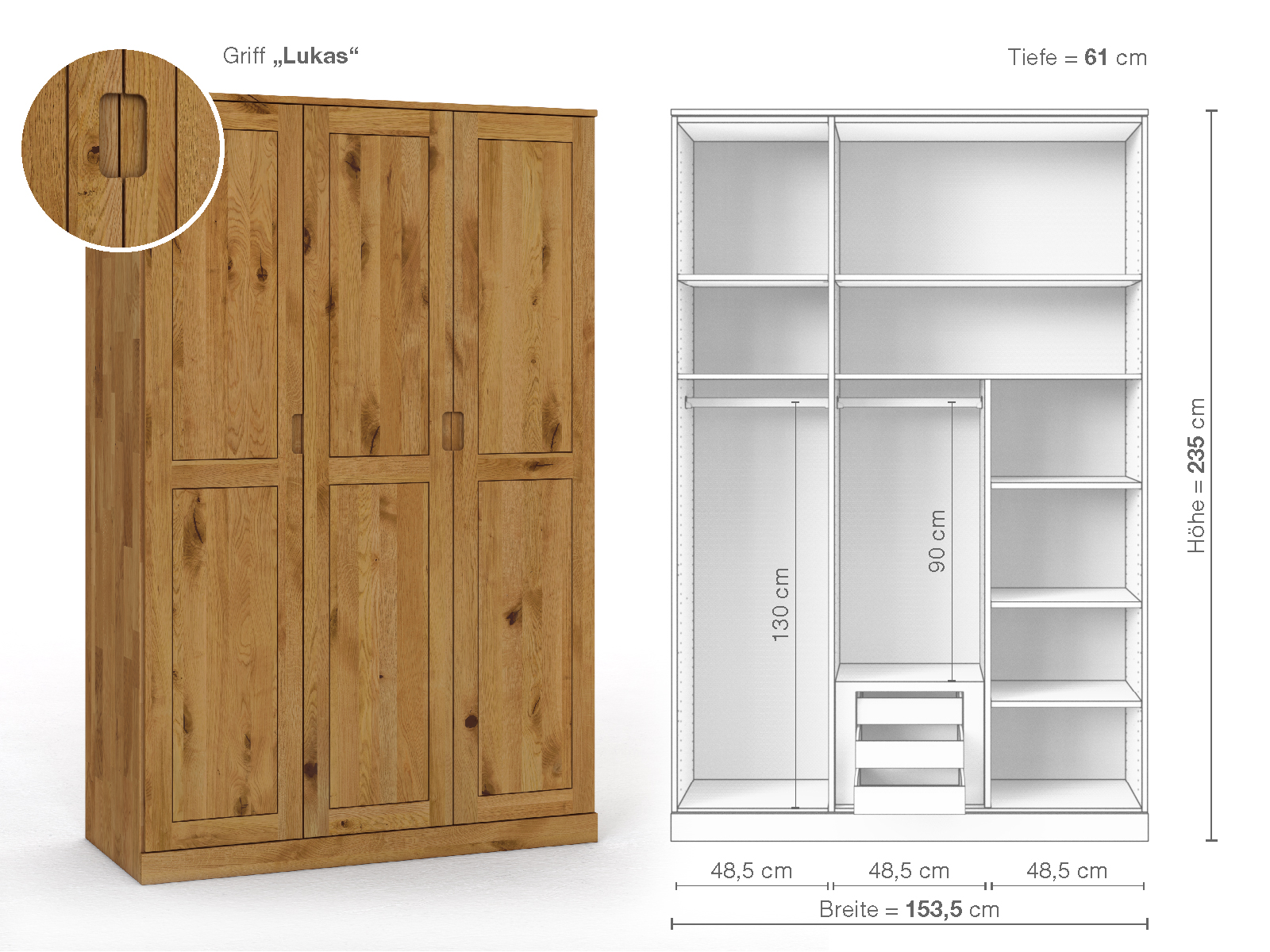 Schrank „Edelweiß“ aus Wildeiche, 3-türig, Höhe 235 cm, Griffausführung „Lukas“, Inneneinrichtung D