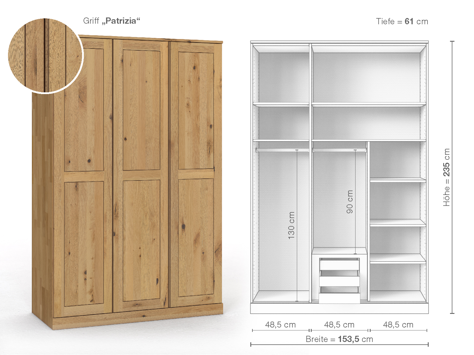 Schrank „Edelweiß“ aus Wildeiche Hell, 3-türig, Höhe 235 cm, Griffausführung „Patrizia“, Inneneinrichtung D