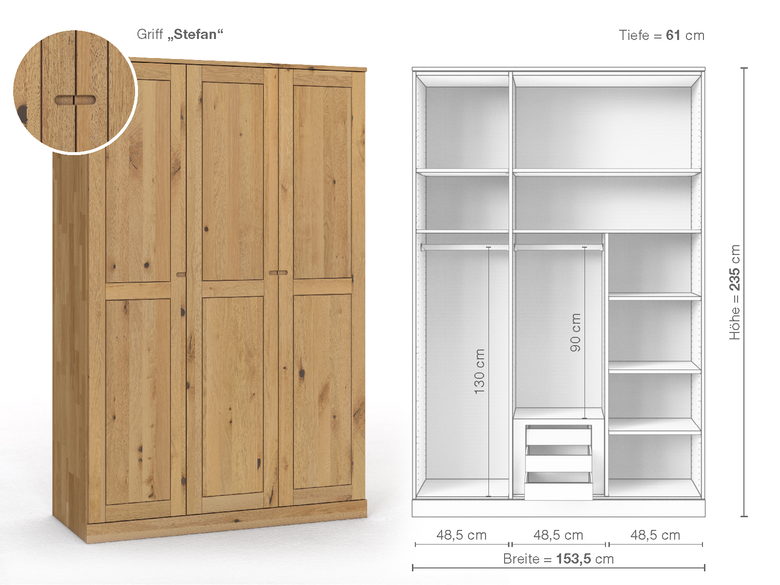 Schrank „Edelweiß“ aus Wildeiche Hell, 3-türig, Höhe 235 cm, Griffausführung „Stefan“, Inneneinrichtung D