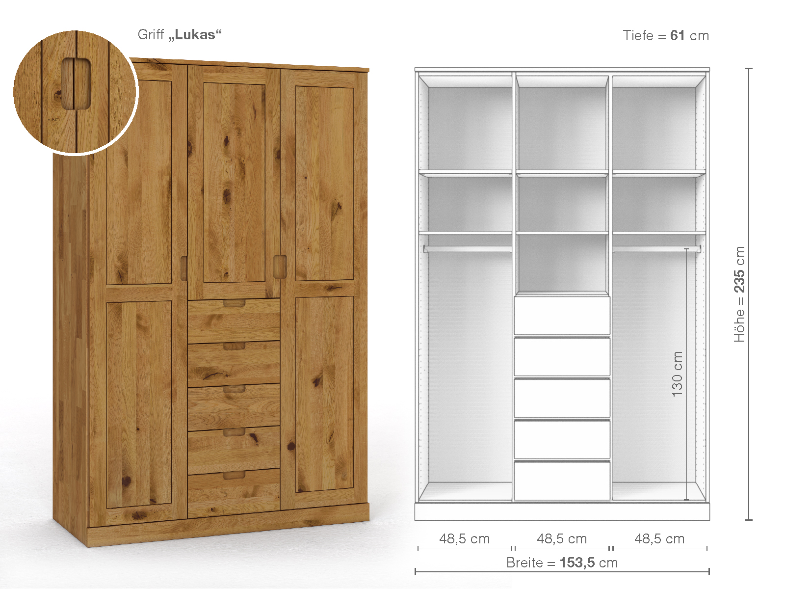 Schrank „Edelweiß“ aus Wildeiche, 3-türig, Höhe 235 cm, Griffausführung „Lukas“, Inneneinrichtung E