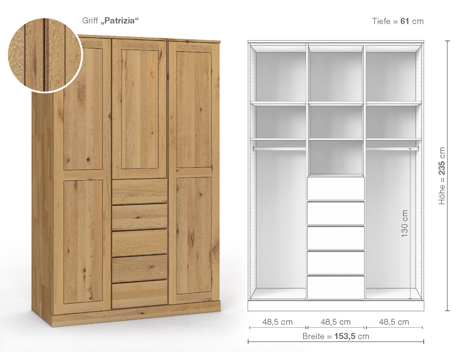 Schrank „Edelweiß“ aus Wildeiche Hell, 3-türig, Höhe 235 cm, Griffausführung „Patrizia“, Inneneinrichtung E