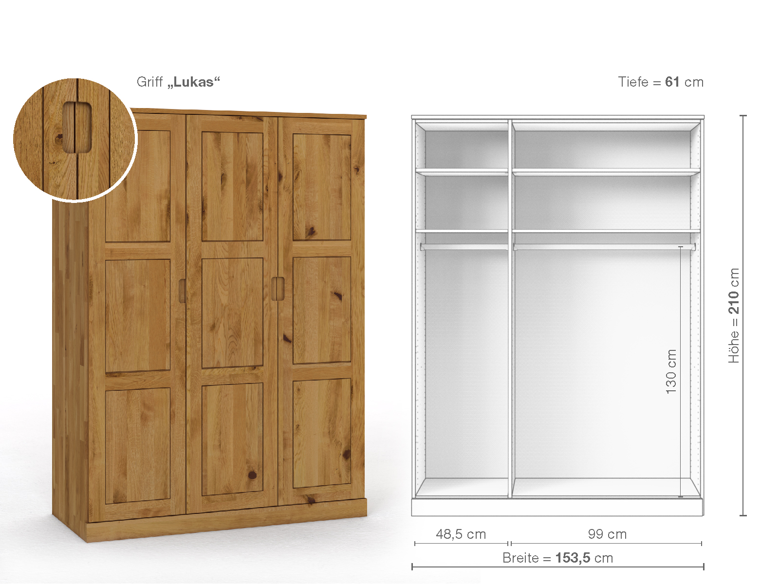 Schrank „Enzian“ aus Wildeiche, 3-türig, Höhe 210 cm, Griffausführung „Lukas“, Inneneinrichtung A