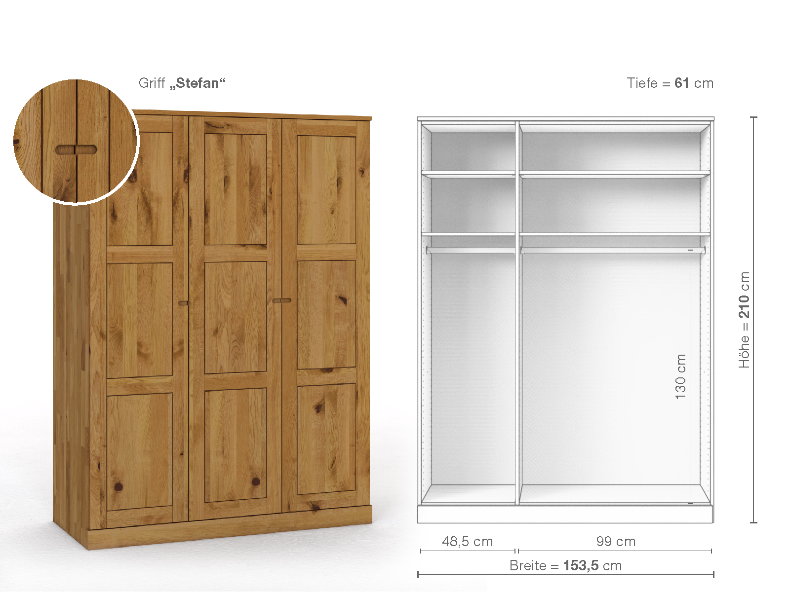 Schrank „Enzian“ aus Wildeiche, 3-türig, Höhe 210 cm, Griffausführung „Stefan“, Inneneinrichtung A