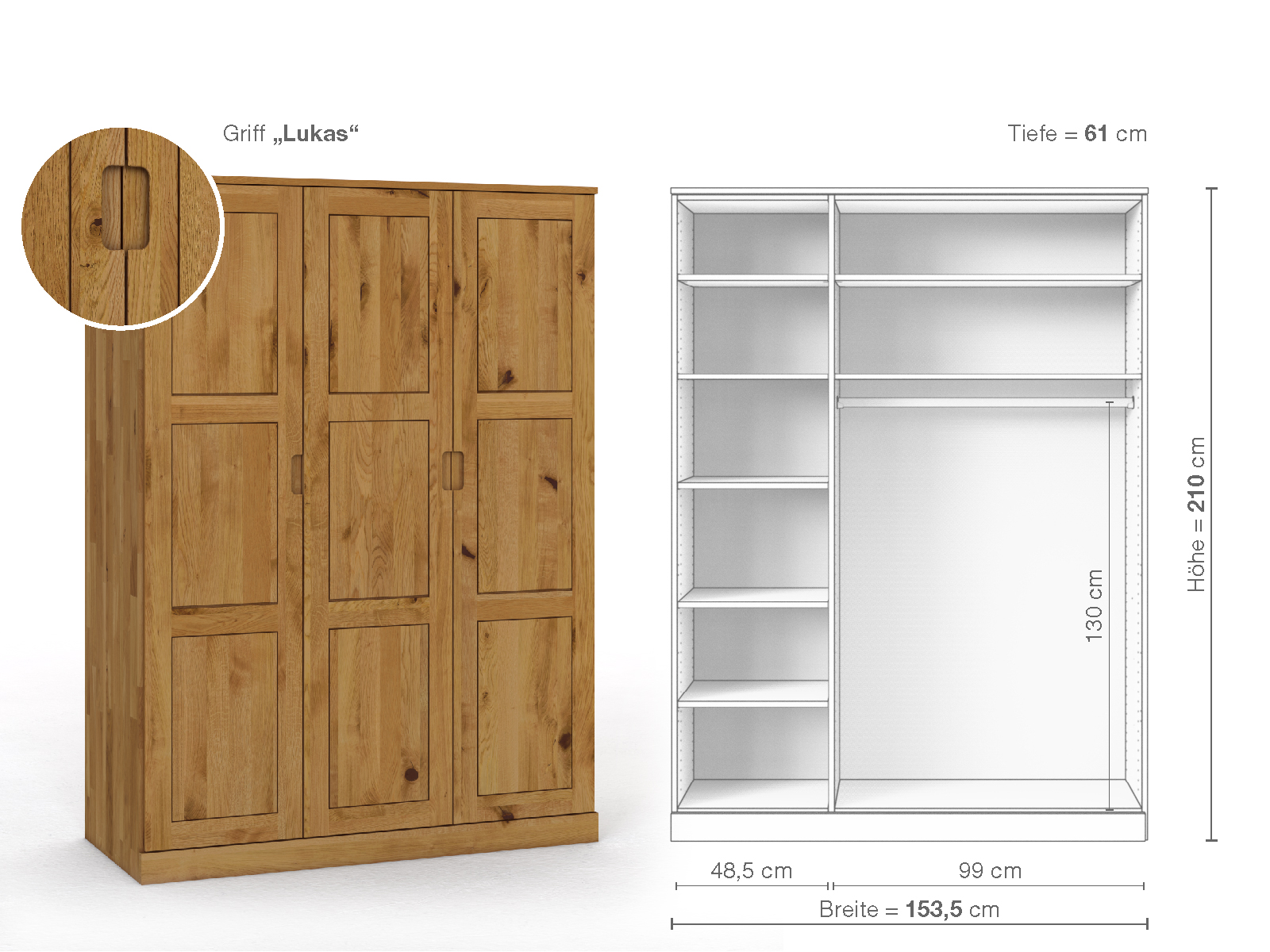 Schrank „Enzian“ aus Wildeiche, 3-türig, Höhe 210 cm, Griffausführung „Lukas“, Inneneinrichtung B